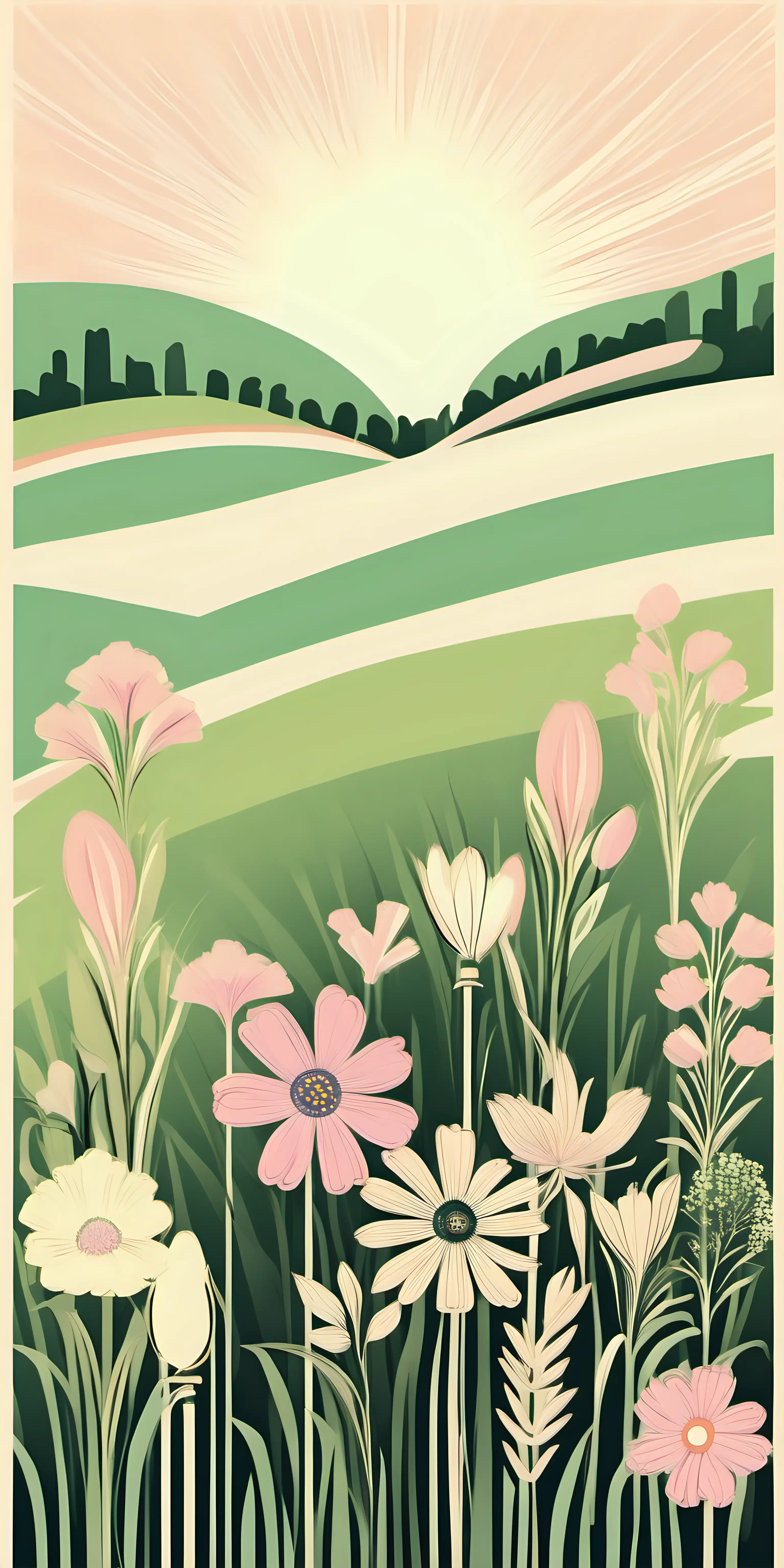 vintage spring field flowers, pastel colors, design for poster, art deco style
