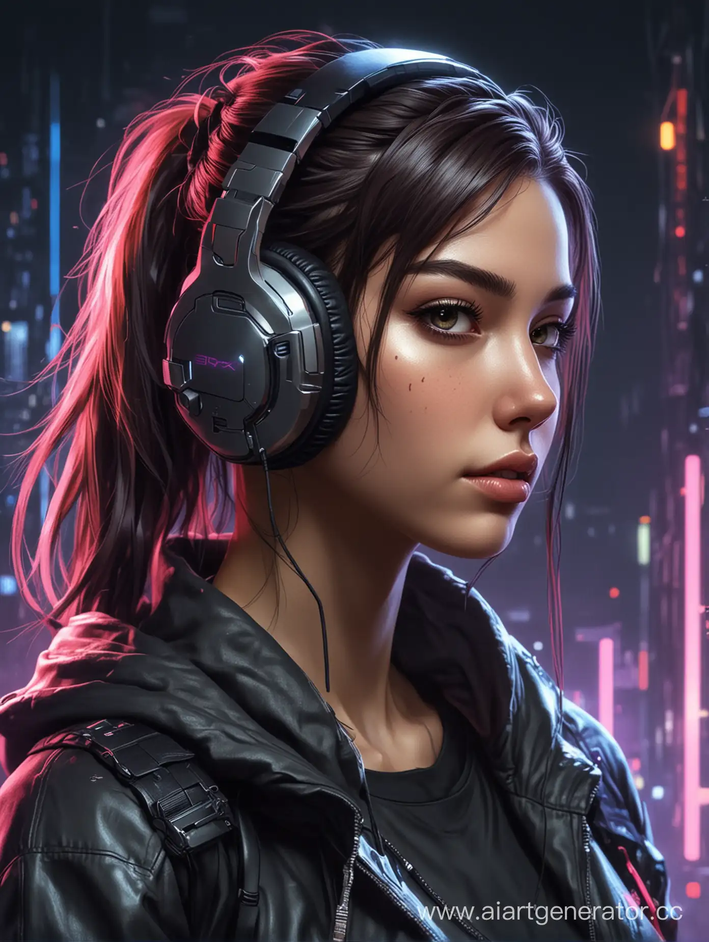 a girl with headphones, the image style is cyberpunk.