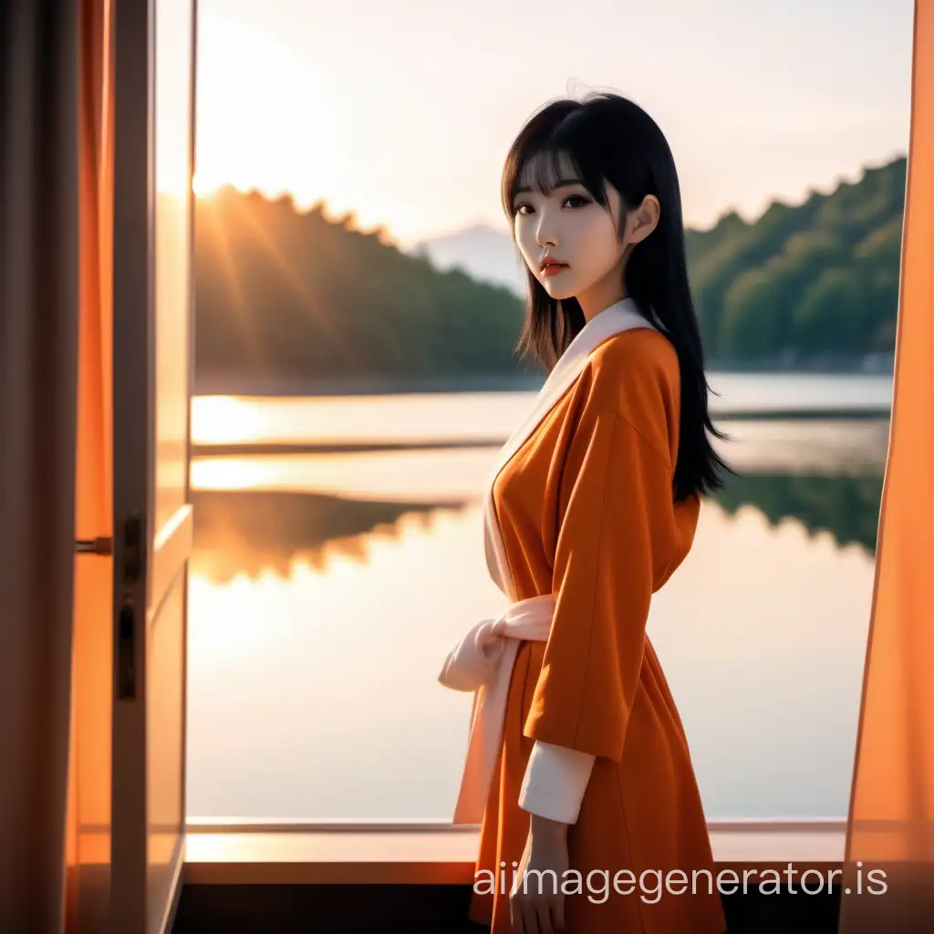 Japanese-Female-Therapist-in-Elegant-Attire-at-Sunrise-Lake-View-Dressing-Room-Scene