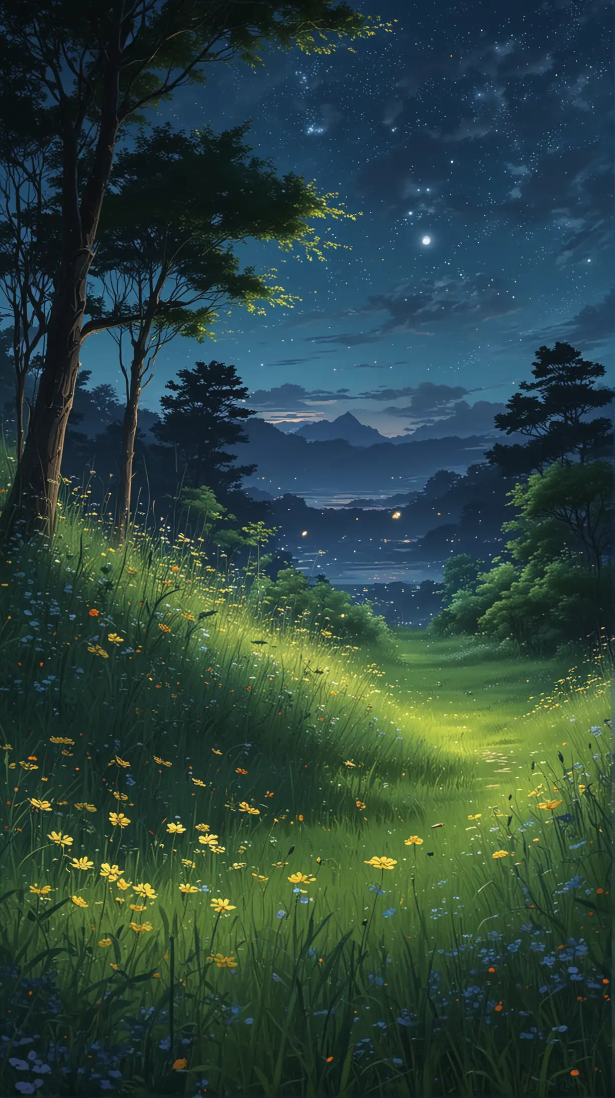 Majestic Night Sky Meadow with Fireflies and Vibrant Flowers