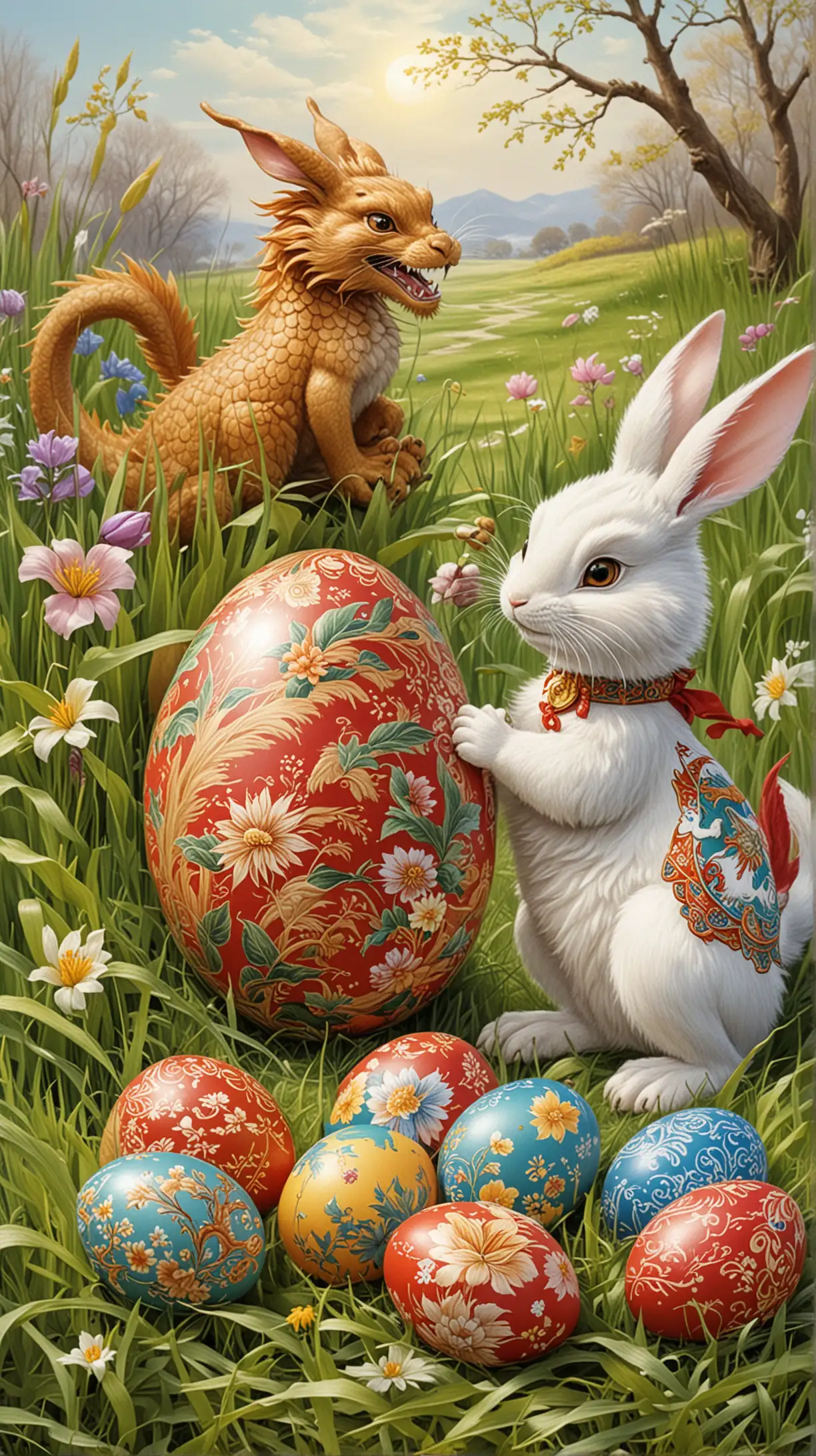 Easter greetings card, there is an Easter bunny and a Chinese dragon playing together, there are Hungarian hand painted eggs in the grass