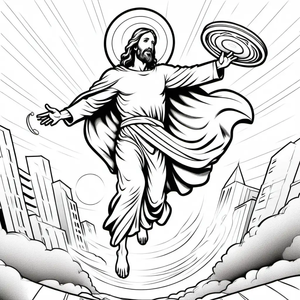Jesus Christ Super Hero Playing Frisbee Vibrant Coloring Book Image