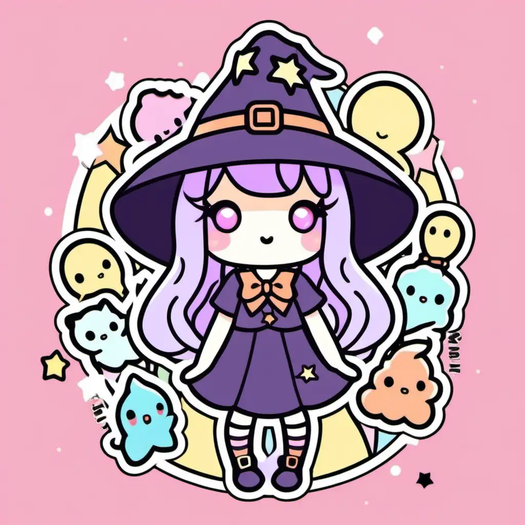 STYLE: flat vector illustration | SUBJECT: cute witch | AESTHETIC: super kawaii, bold outlines | COLOR PALLETTE: pastels | IN THE STYLE OF: Sanrio, little twin stars, sticker design — niji 5 — s 50