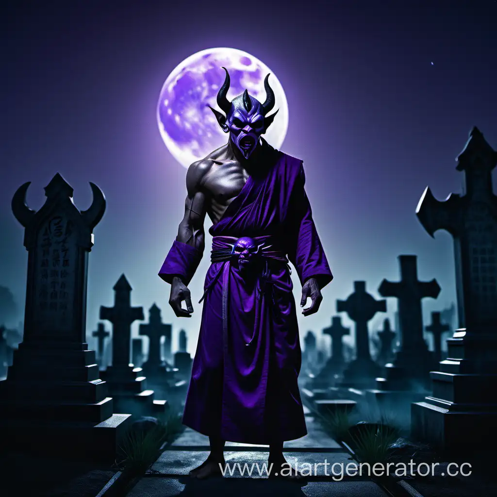A pumped up monk stands in front of a huge cemetery at night with a purple moon wearing an oni demon mask, with his back looking like a demon's face, the moon is shining and the atmosphere is insanely detailed, epic and realistic, cinematic composition, cinematic composition, matte painting, unreal engine, trending on artstation, —aspect 16:9