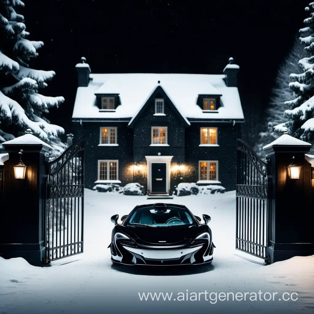 Snowcovered-Forest-Night-Elegant-Black-McLaren-Parked-by-Closed-Cottage-Gates