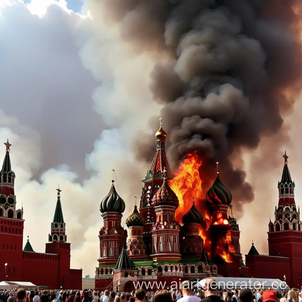 красная площадь в Москве горит, башни в огне, на небе много дыма