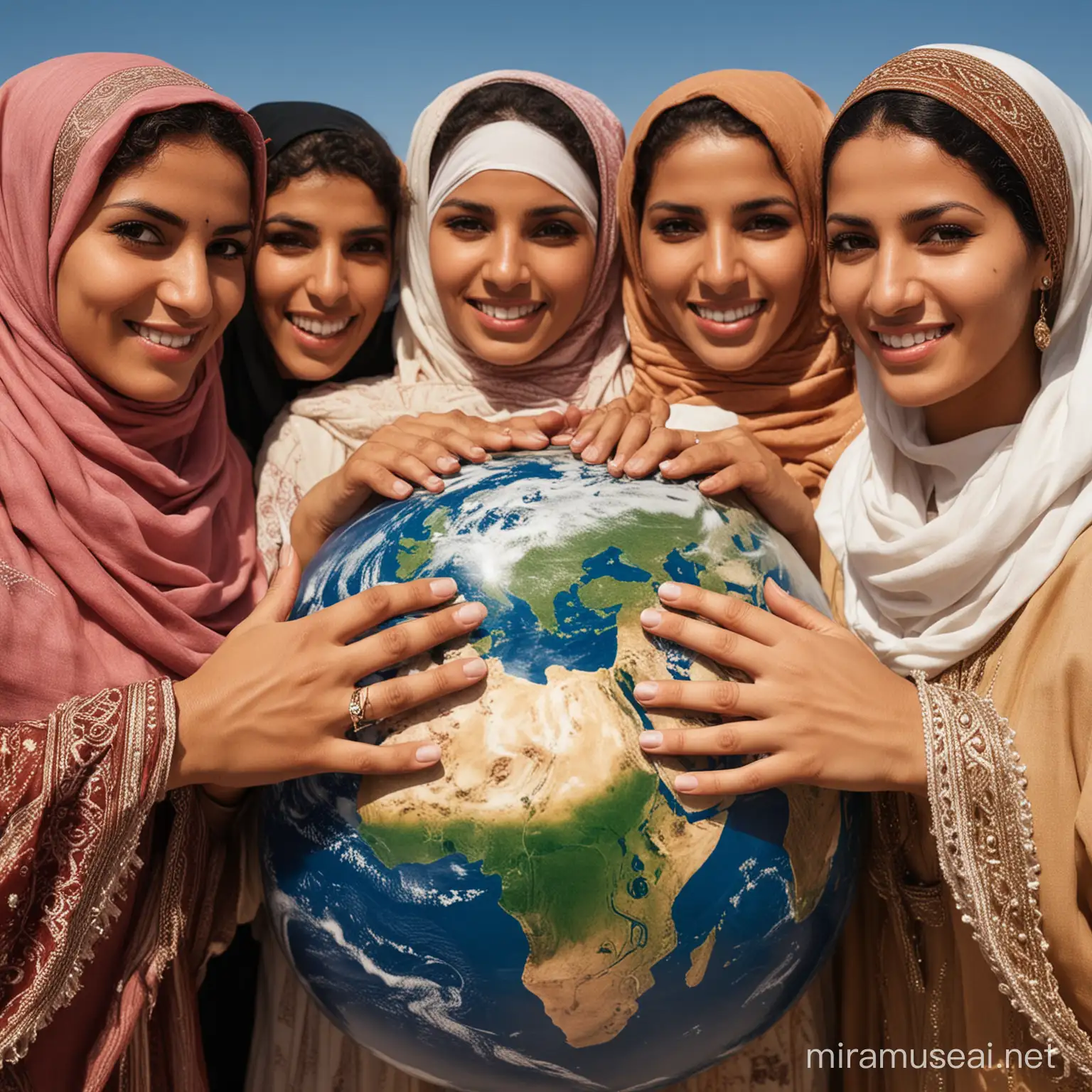 Femmes du maghreb avec un regard fière et doux à la fois se tenant la main autour de la terre