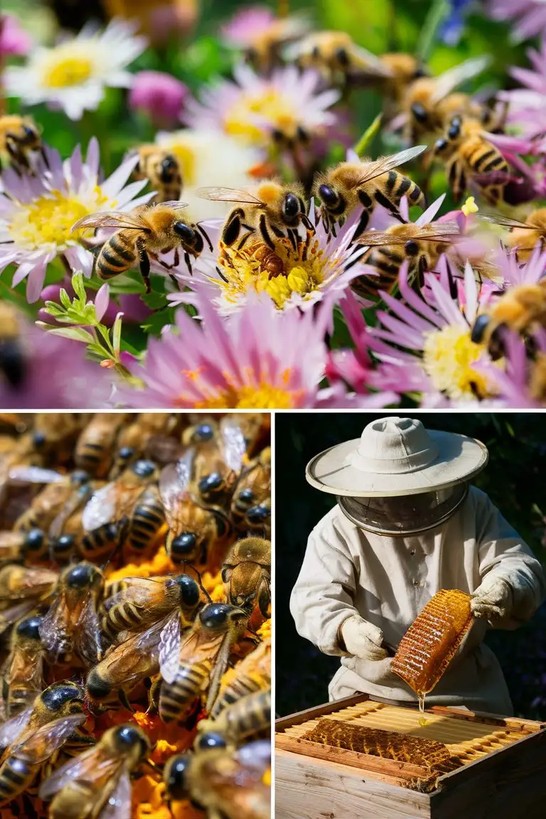 Bees are sucking nectar from flowers in a beautiful garden. Show honey in one image too.