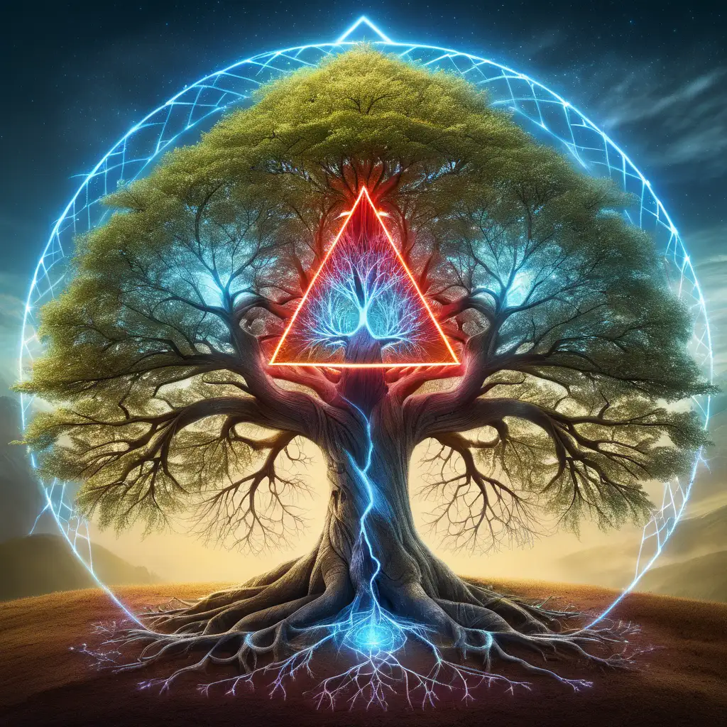 A picture of the tree of life. Starting at the base, there is a yellowish blue electric current that starts at the base of the tree and frays out towards the tips of the branches. There is a red triangle in the center of the tree that seems to be the trees life force.