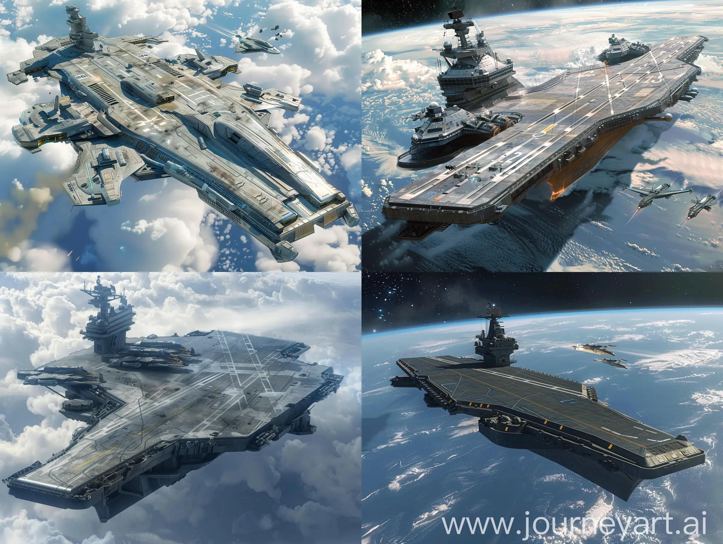 A SCI FI Super Carrier under a military called the United Earthern Military. Specifically Under a branch called the United Eathern Navy. Revolving around Space and Space warfare with a flight of two space craft on a Combat Air Patrol.