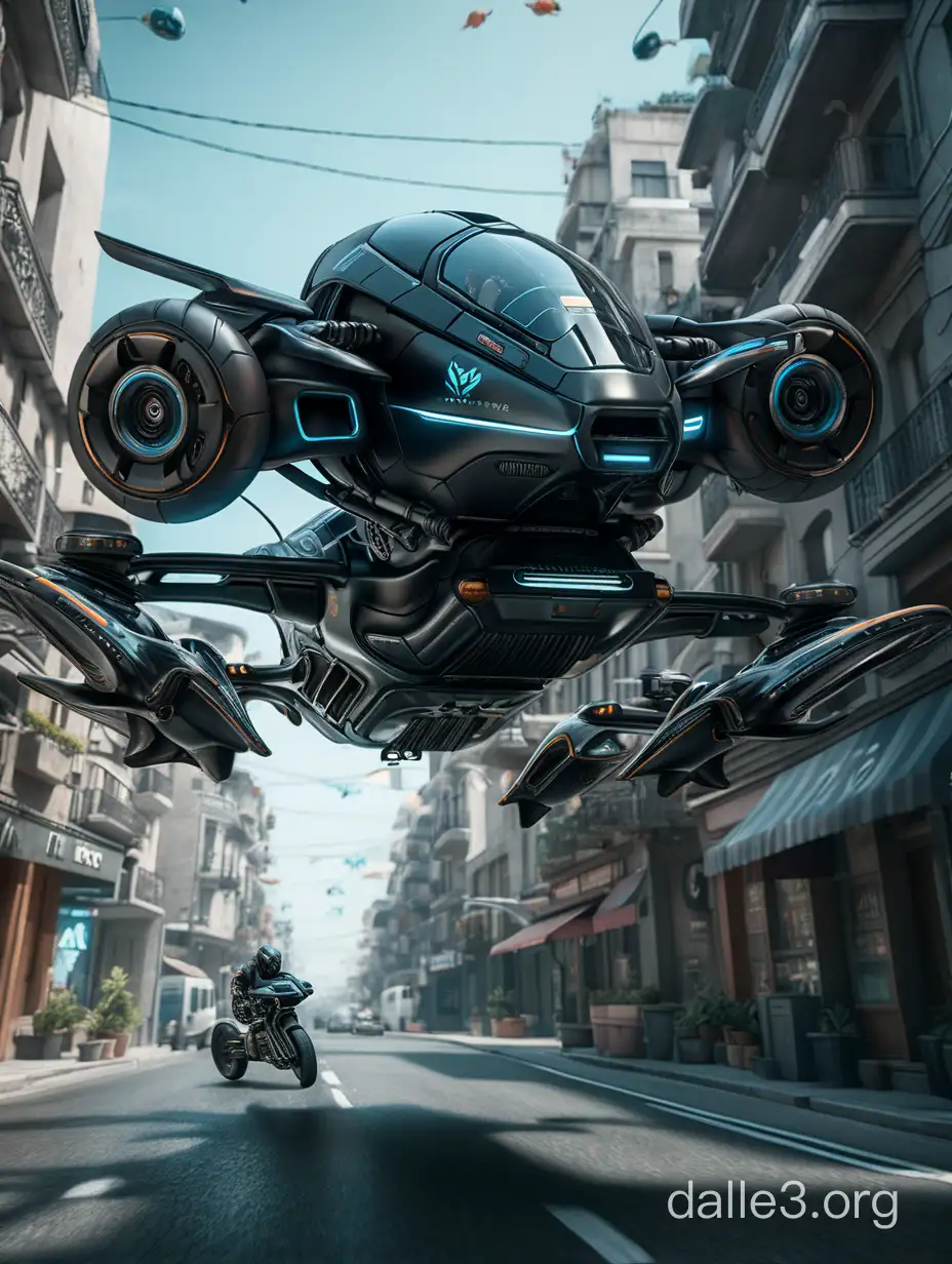 a cinematic shot of a detailed textured dark organic futuristic black hover bike with v8 jets flying a few feet above a street high-tech, sci-fi, hard surface modelling, maya ,c4d, artstation, detailed