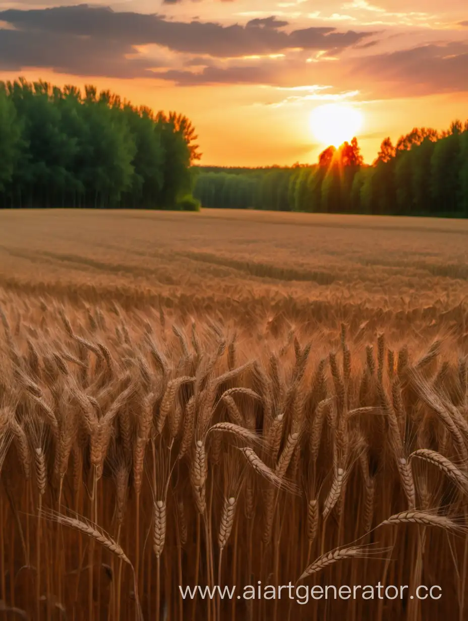 пшеничное поле на фоне леса в закат
