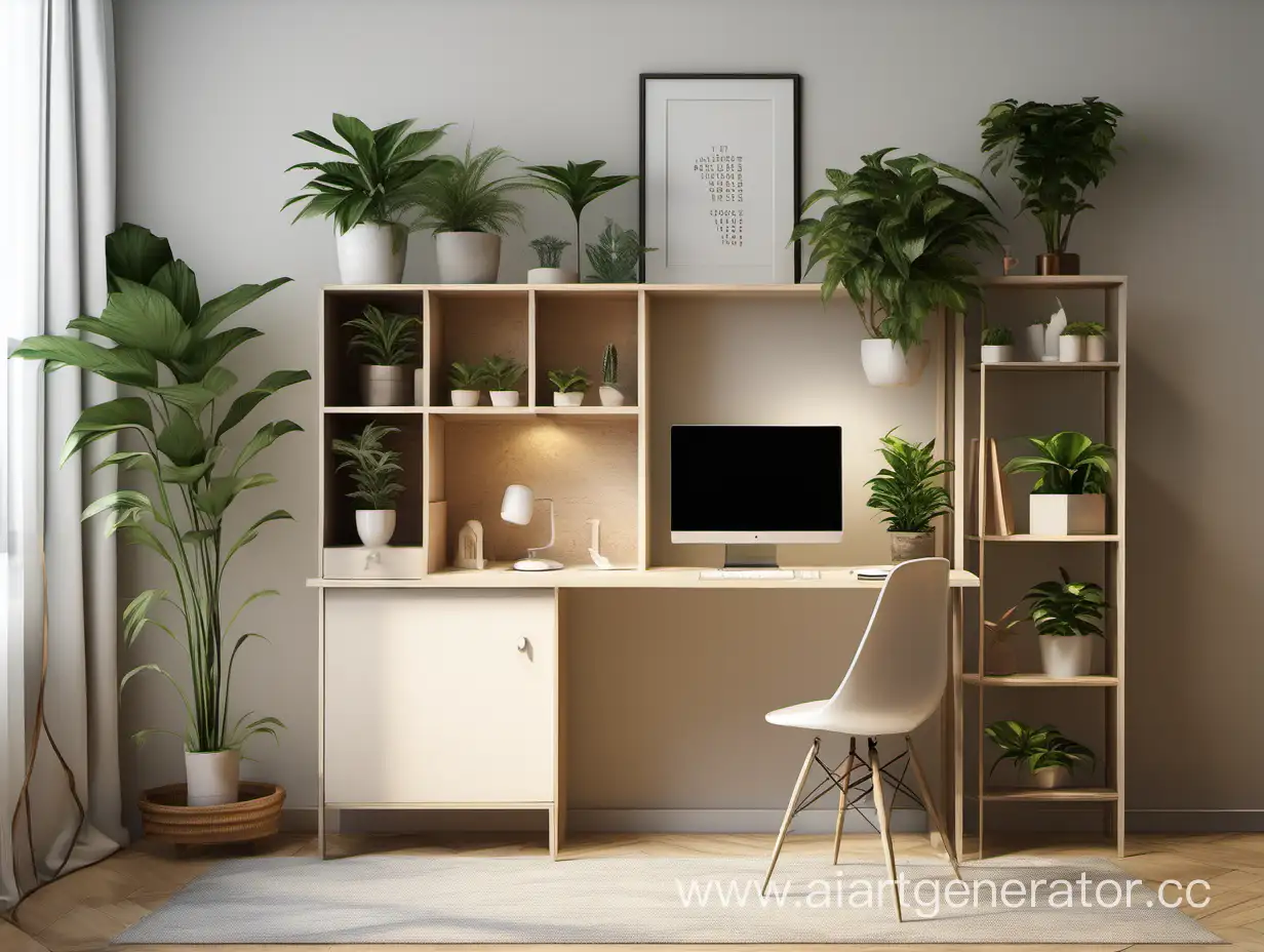 кабинет с стеллажом для иконок и столом для компьютера. побольше комнатных растений и декораций