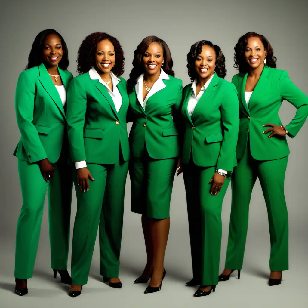 4 african american women, kelly green suit, white, smiling, full length
