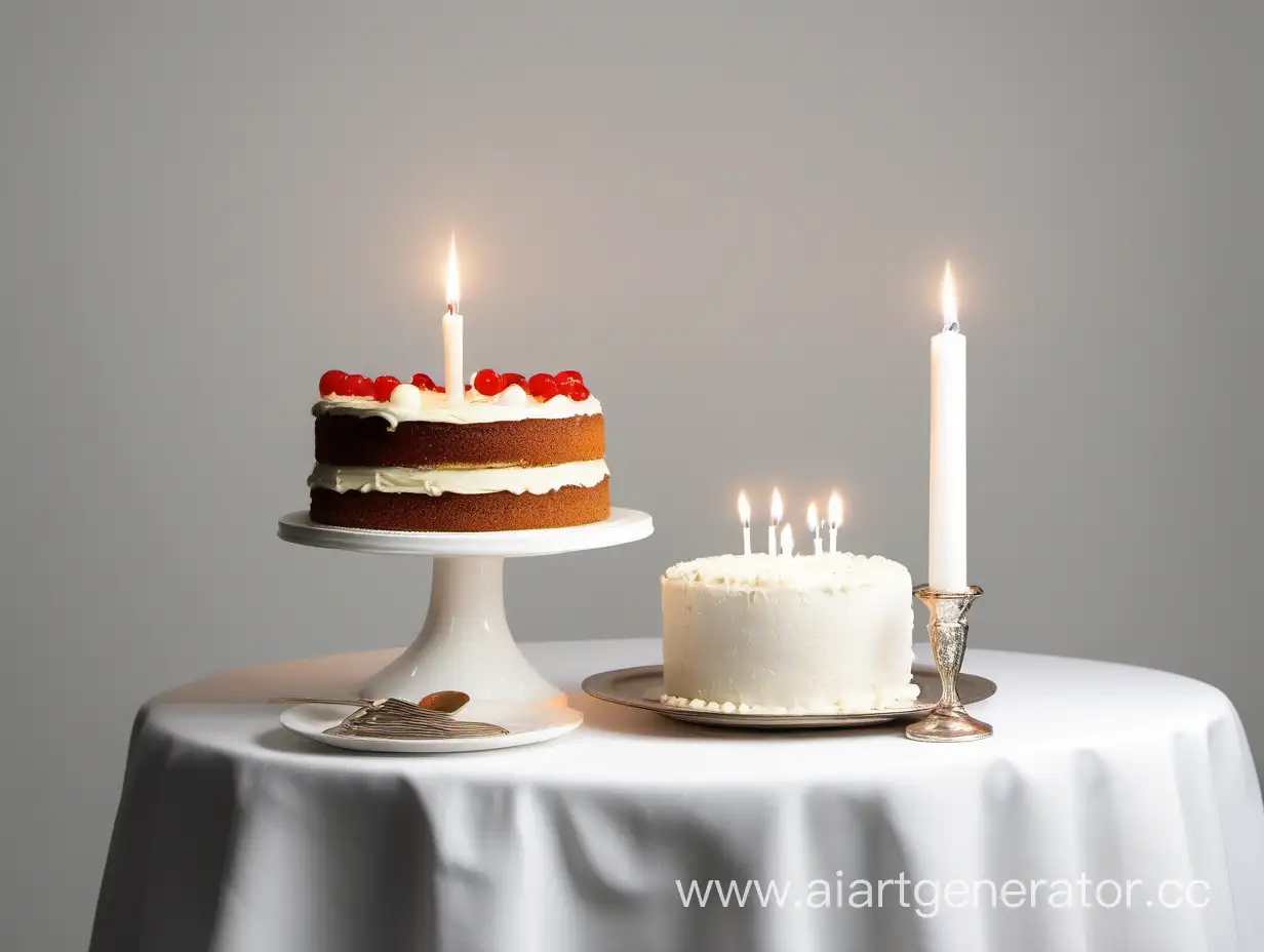 Elegant-Cake-with-Illuminated-Candle-on-White-Table