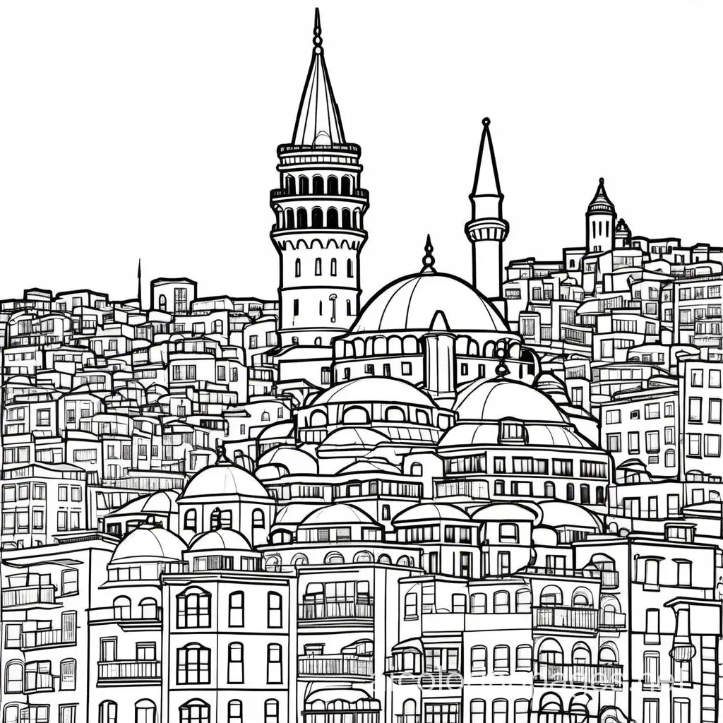 Istanbul Galata Tower, Coloring Page, black and white, line art, white background, Simplicity, Ample White Space. The background of the coloring page is plain white to make it easy for young children to color within the lines. The outlines of all the subjects are easy to distinguish, making it simple for kids to color without too much difficulty