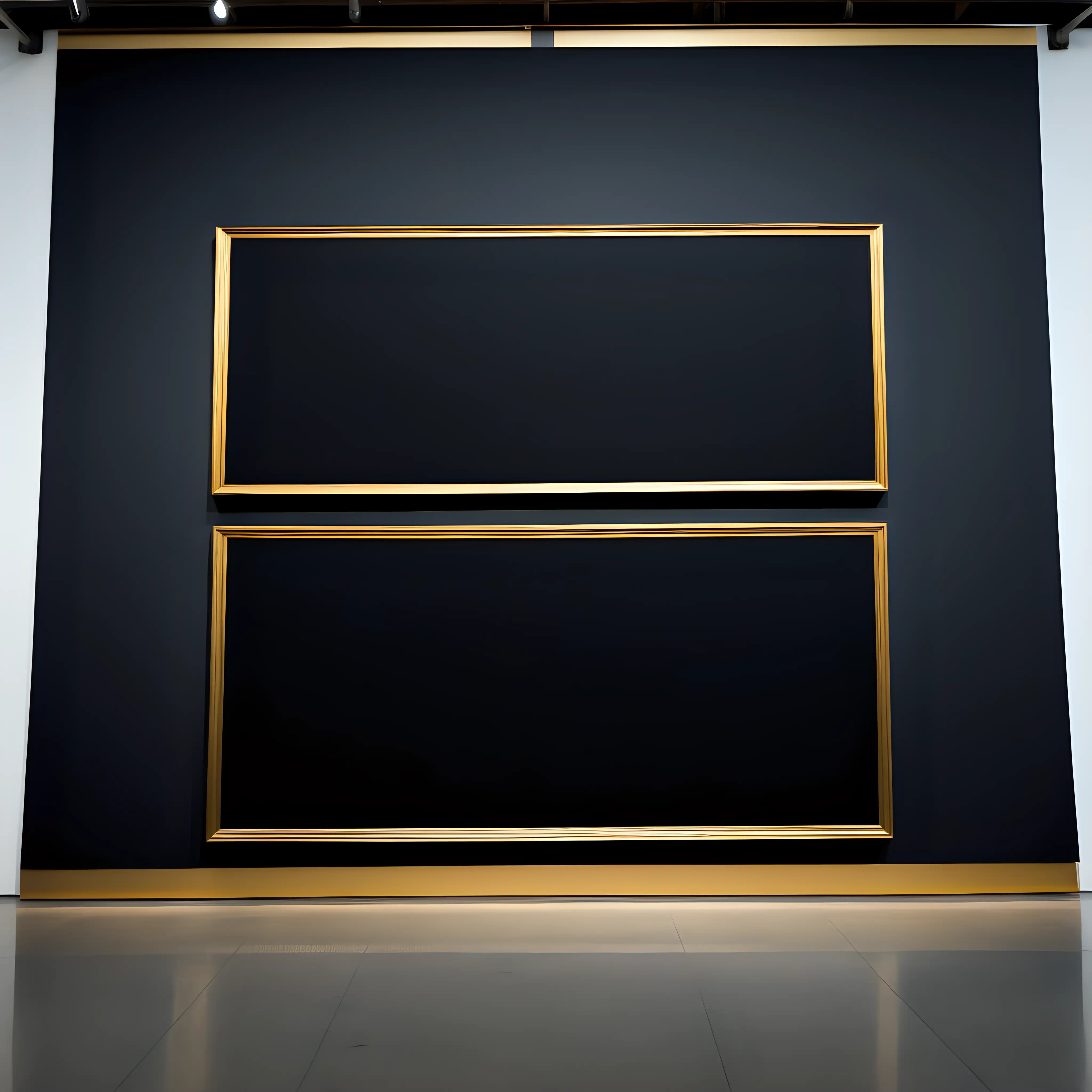 TWO GIANT HORIZONTAL GOLD FRAMED BLACK CANVASES ON GIANT MUSEUM WALL
