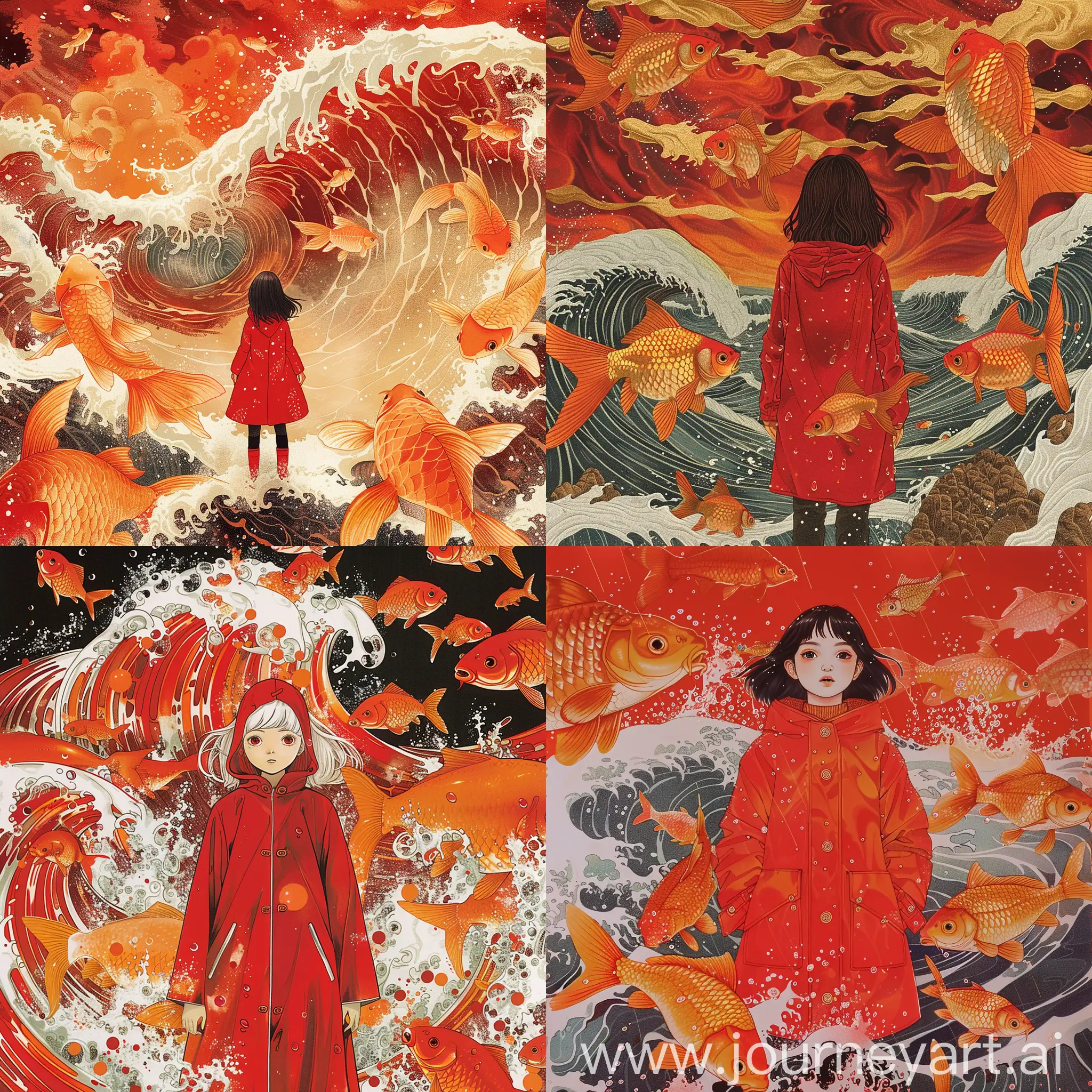 1girl, solo, red raincoat, standing, waves, huge goldfishes, orange and red color, yuko shimizu