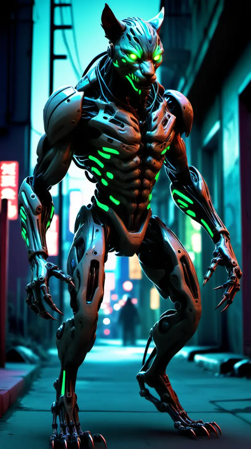 Circuit Prowler: Combining the prowess of a predatory feline and cybernetic enhancements, the Circuit Prowler is a humanoid creature with glowing eyes, retractable claws, and a lithe, augmented frame. Its night vision and hacking skills make it a formidable shadow operative in the neon-lit urban sprawl.