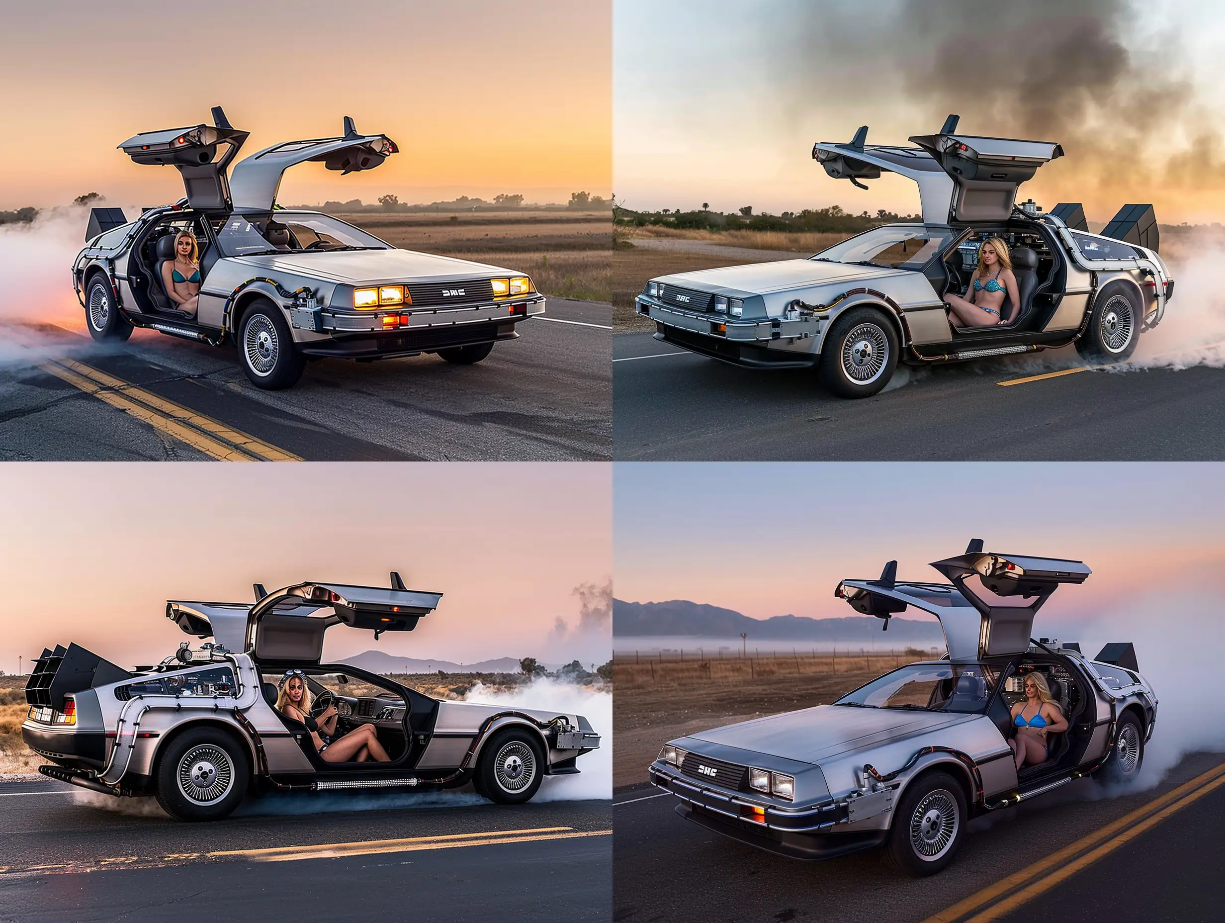 Side view of Back to the Future Delorean with door open and blonde in bikini in driver seat facing camera on deserted road at dawn with smoke coming out of the back