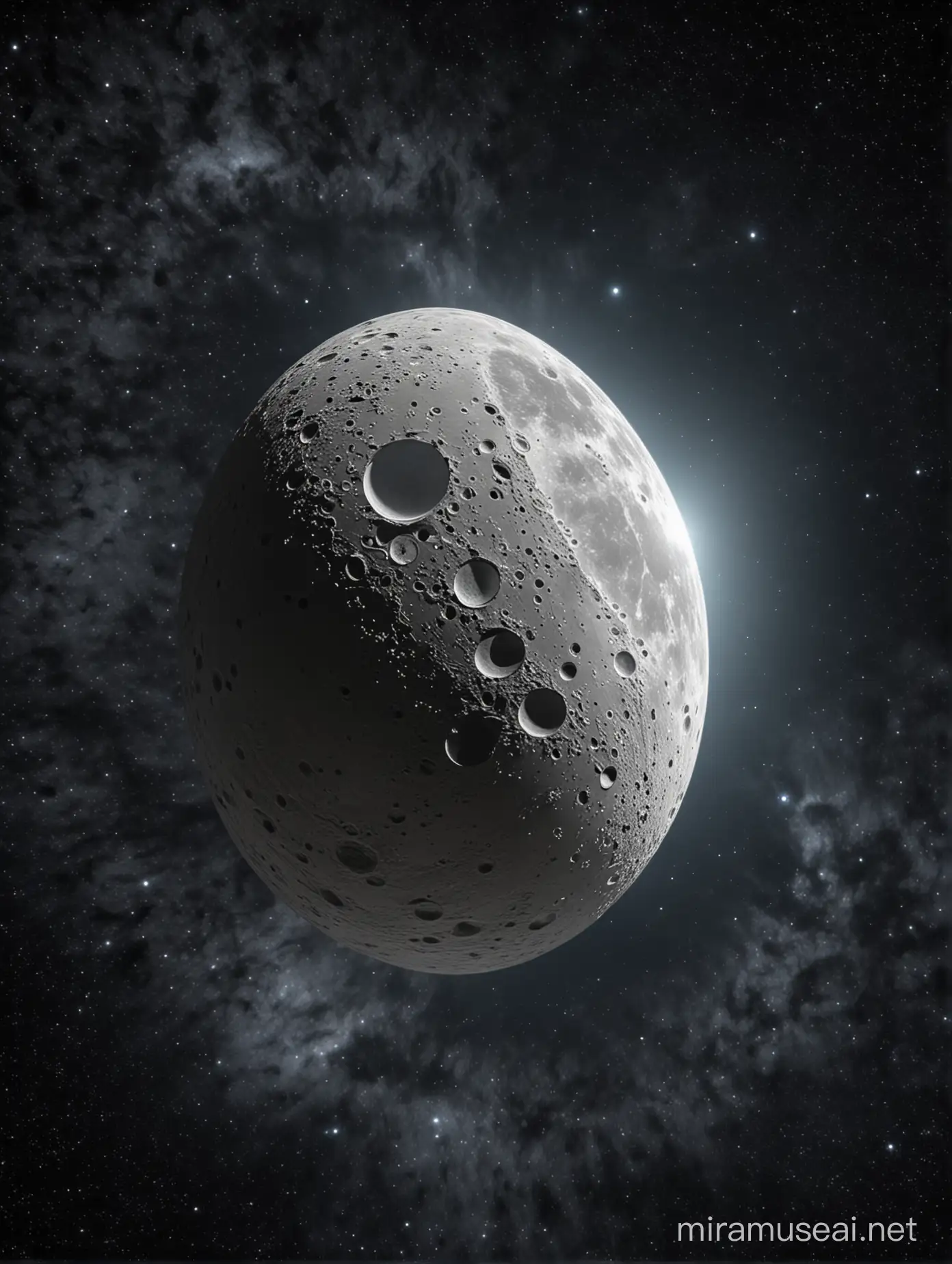 4k resolution photo realistic moon shaped like an egg. the moon should be floating in space with a beatiful starry background