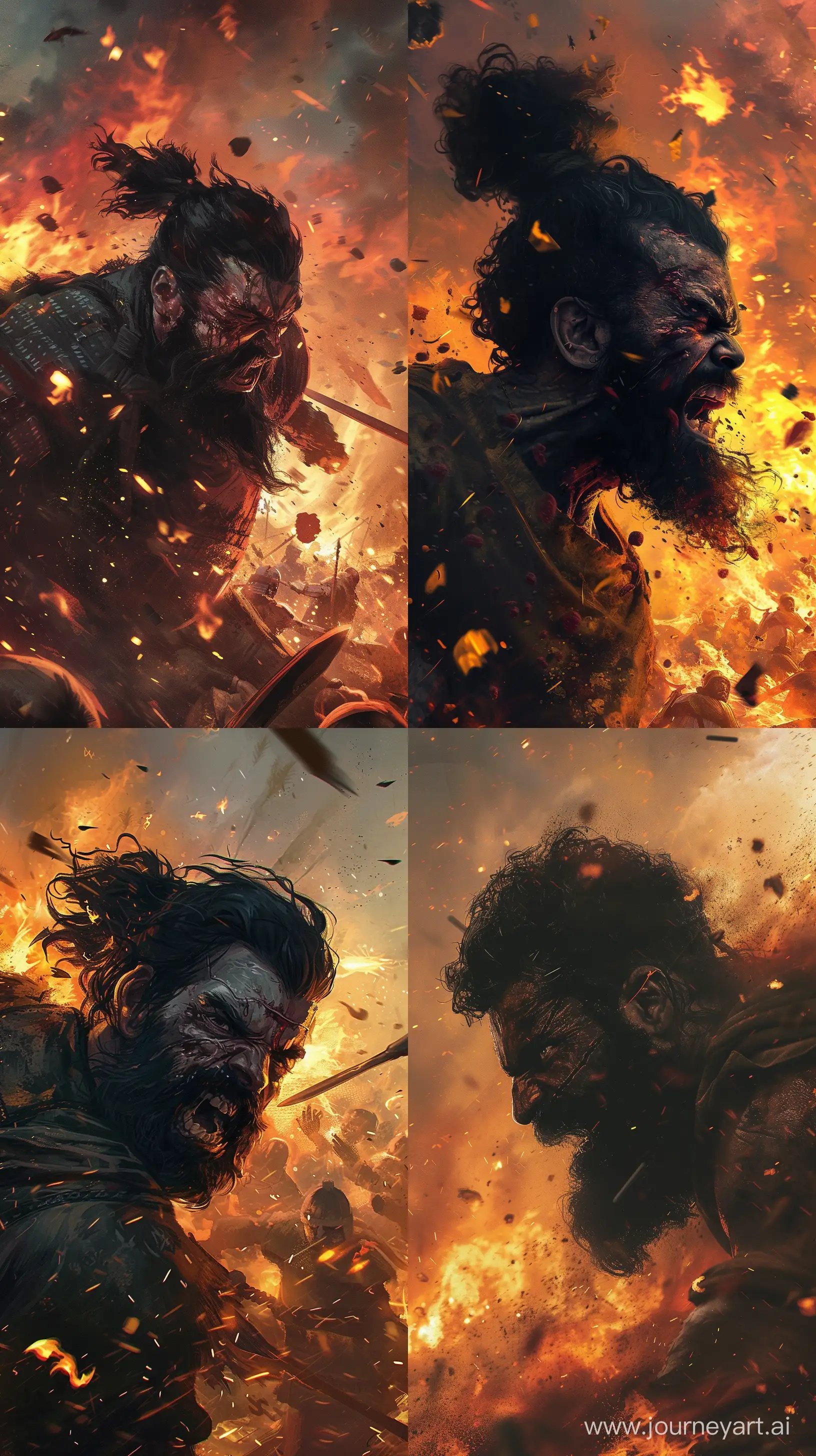 Art, illustrator, A man with a black beard and black hair is fighting a fierce battle against the army, background more fire, cinematic lighting, 32k art --ar 9:16 --v 6
