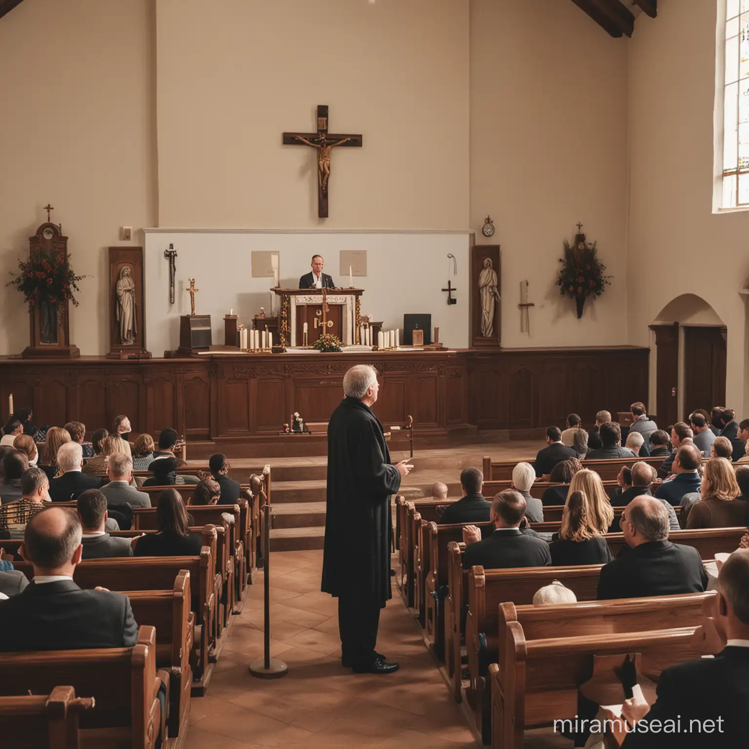 Man Preaching Gospel in a Church with an Altar and Attentive Congregation