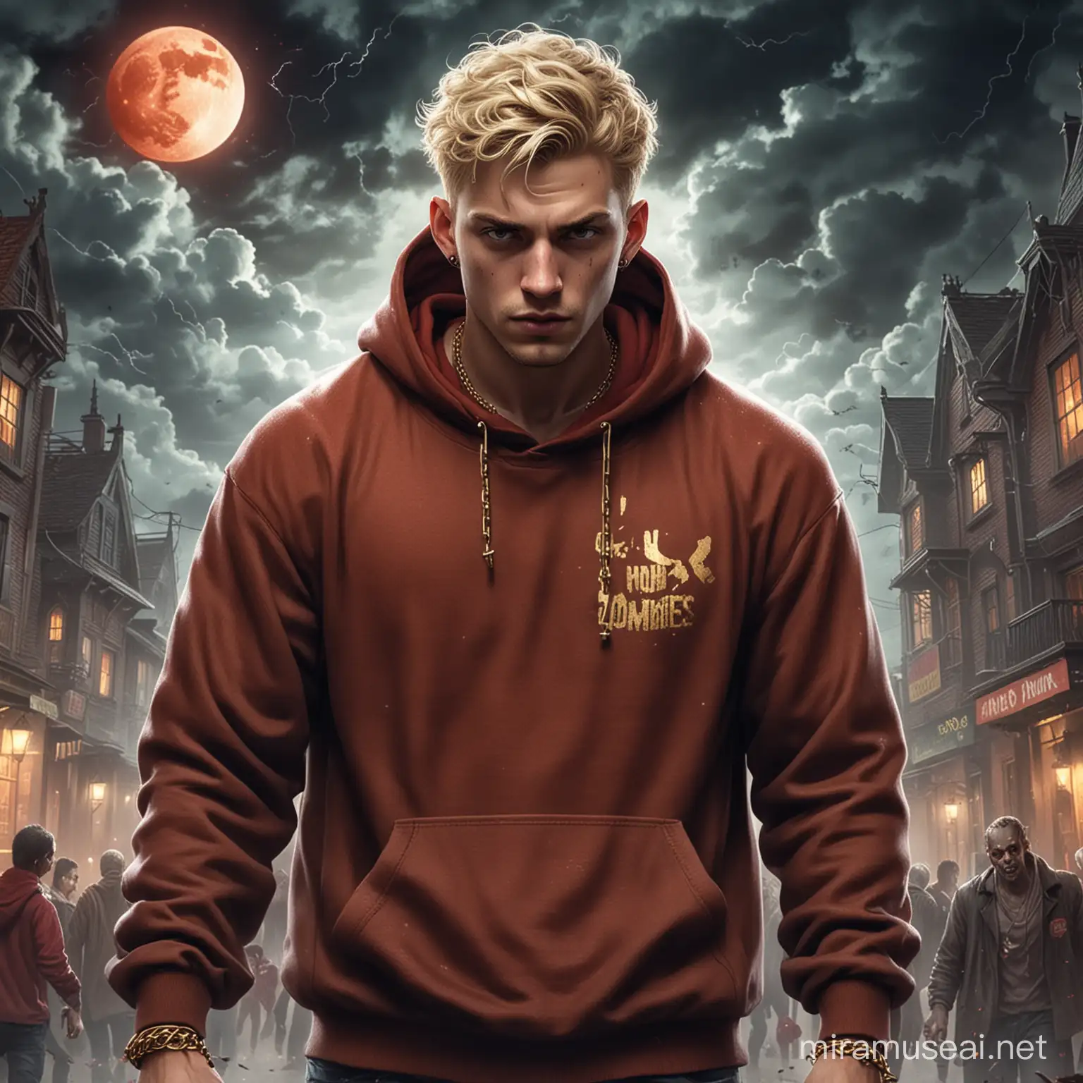Blonde Man in Brown Hoodie Facing Zombie Apocalypse