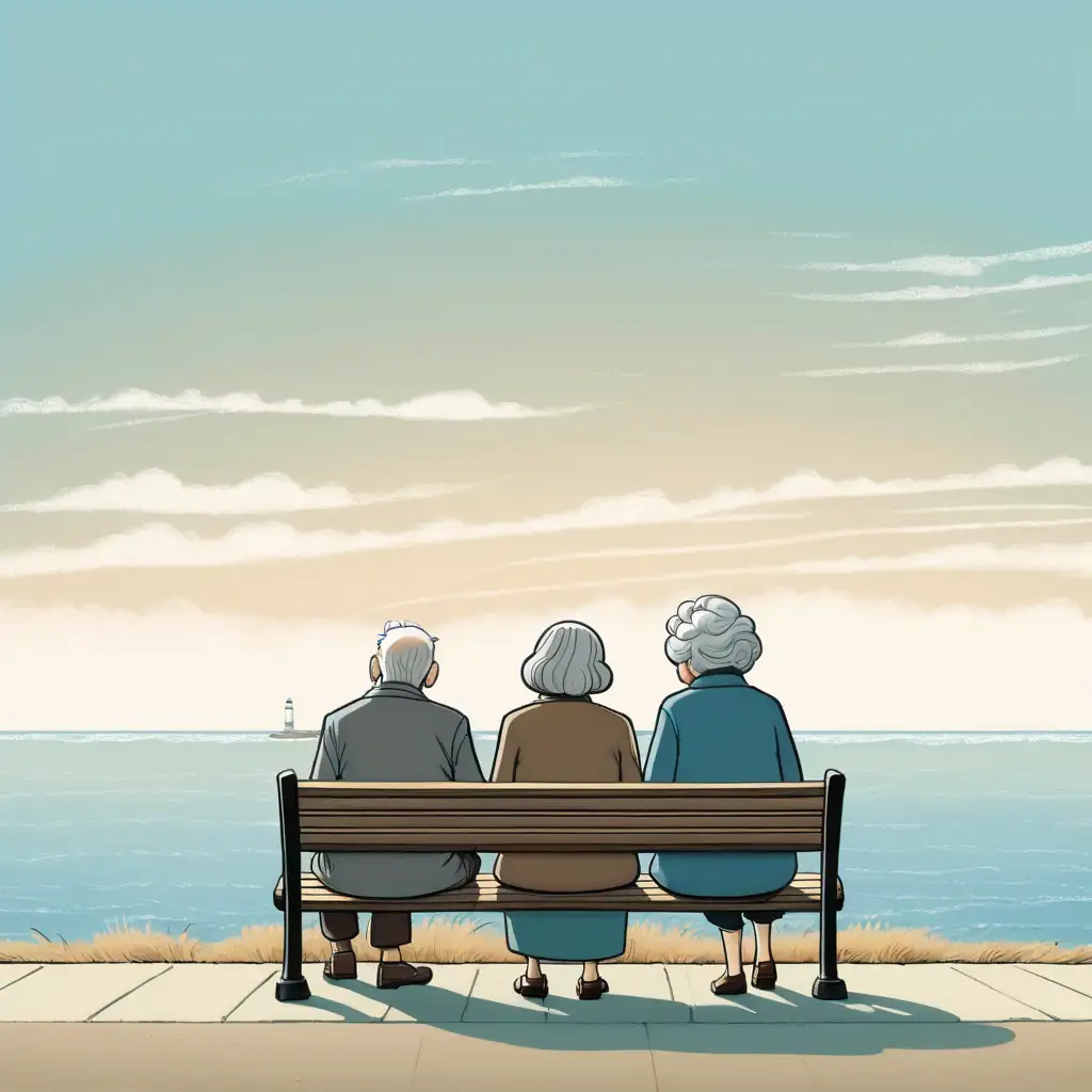 Old man and old woman sat on a bench with their backs facing, looking out to sea, cartoon style


