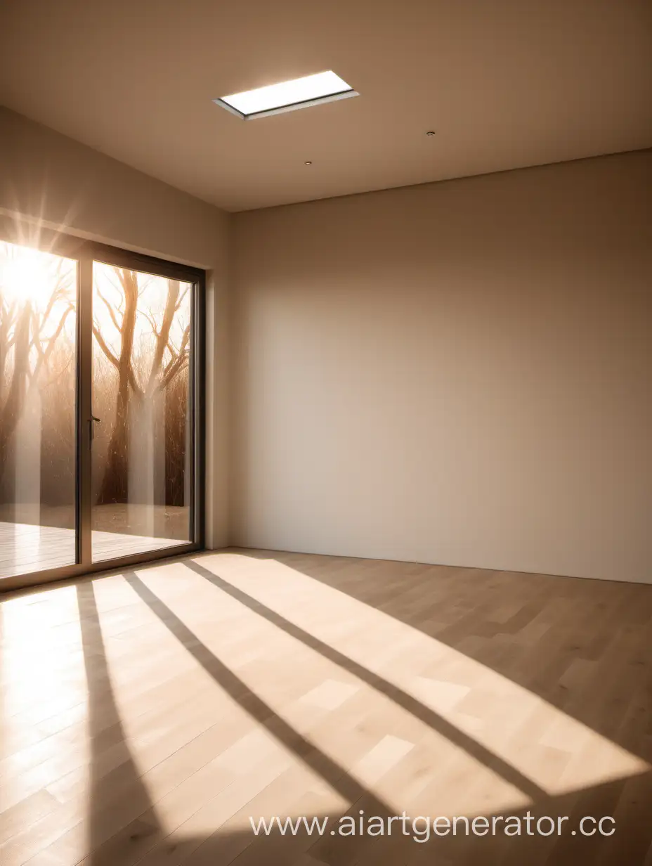 a room with light walls and a light brown floor. Solar lighting and beautiful sun glare on the walls