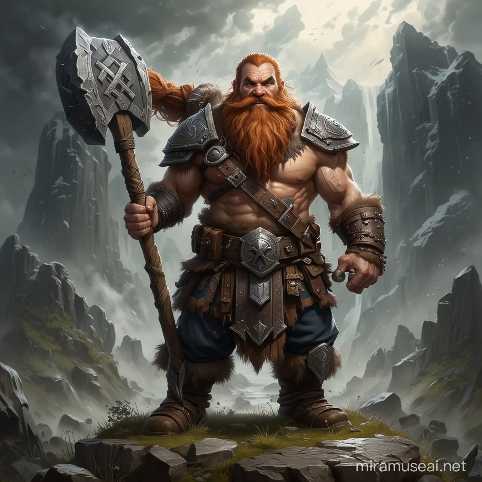 dwarf warrior that uses giant rune magic to grow in size when raging, and wields a runic maul