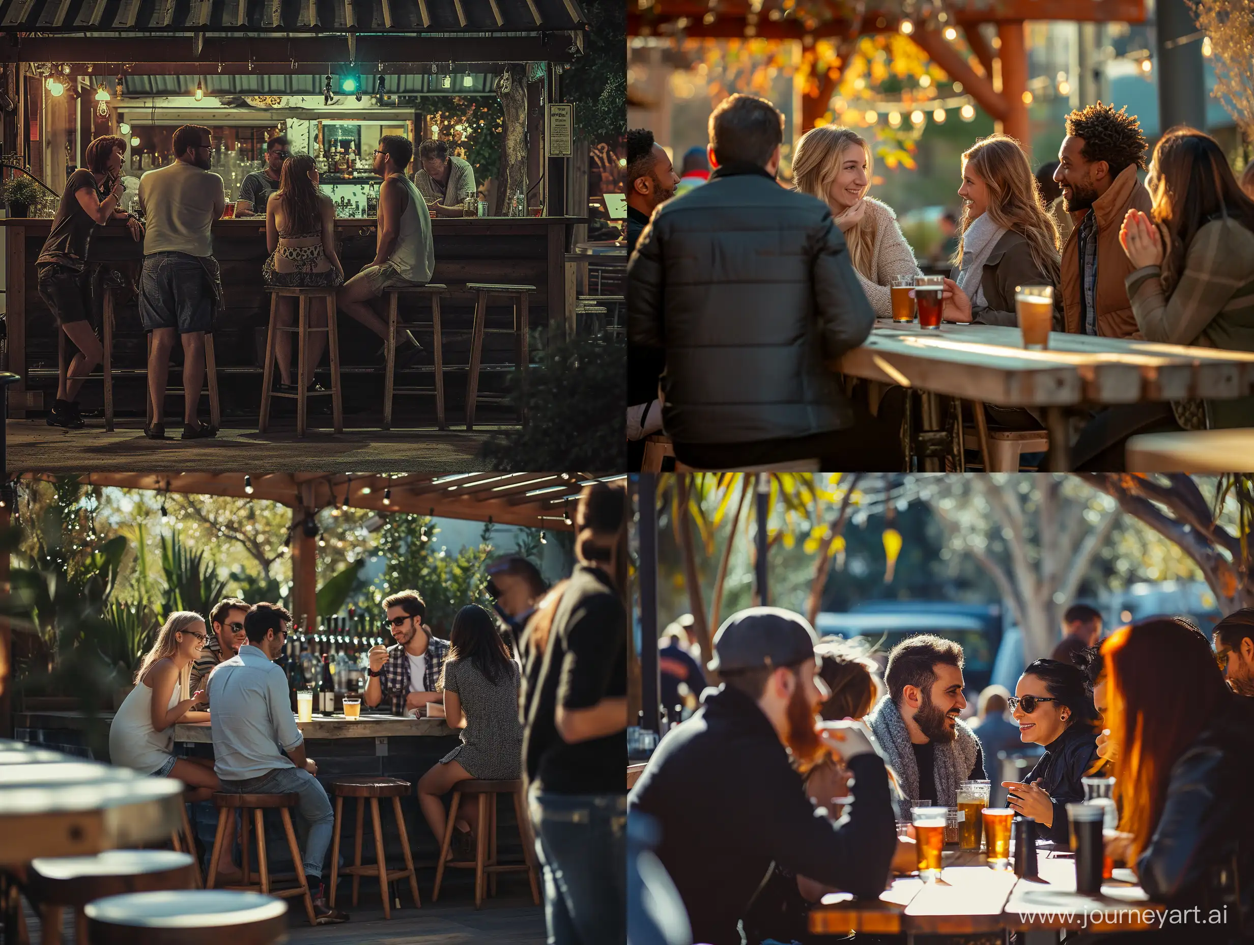group of people talking sitting at an outdoor bar, men and women, reality, detailed, ward Winning Photography,Studio Photography