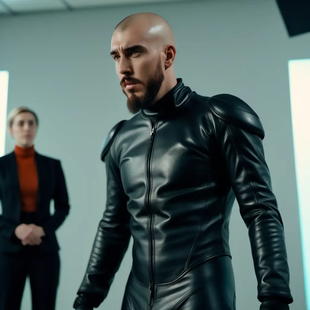 A Cinematic Scene from 2023, sci-fi Drama, "Resilience", full body shot, one male with a face similar to Travis Kelce in black one piece Dainese leather suit with shaved head, talking on videoconference, captured by Handheld camera, film directed by Greta Gerwig, Inspiring, toom call, --style raw --ar 21:9"