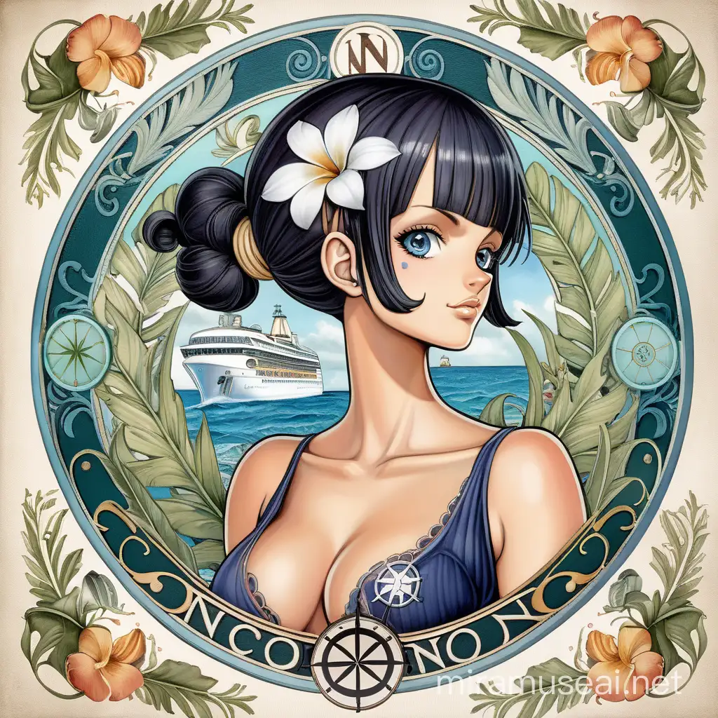 Circle design in nouveau style with Nico Robin one piece centred, botanical illustrations around edges and nautical background 