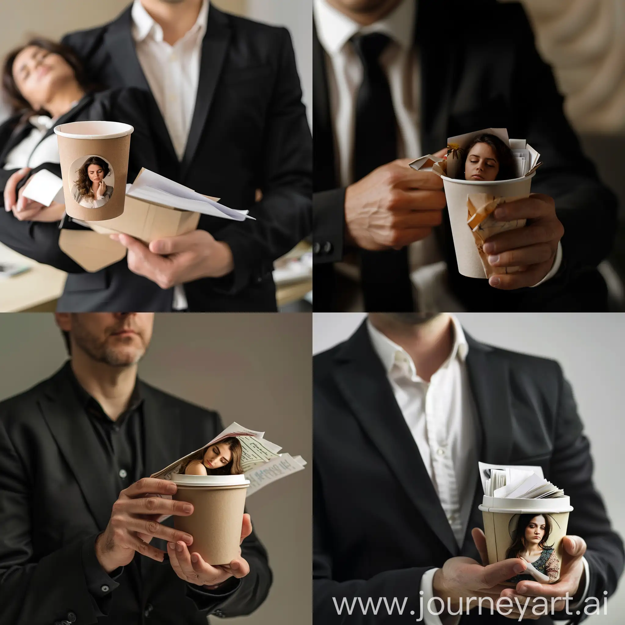 A Boss in black suit holding a paper cup in hand which a tired woman is inside the cup working with a lot paper work.photo should be focus on the cup