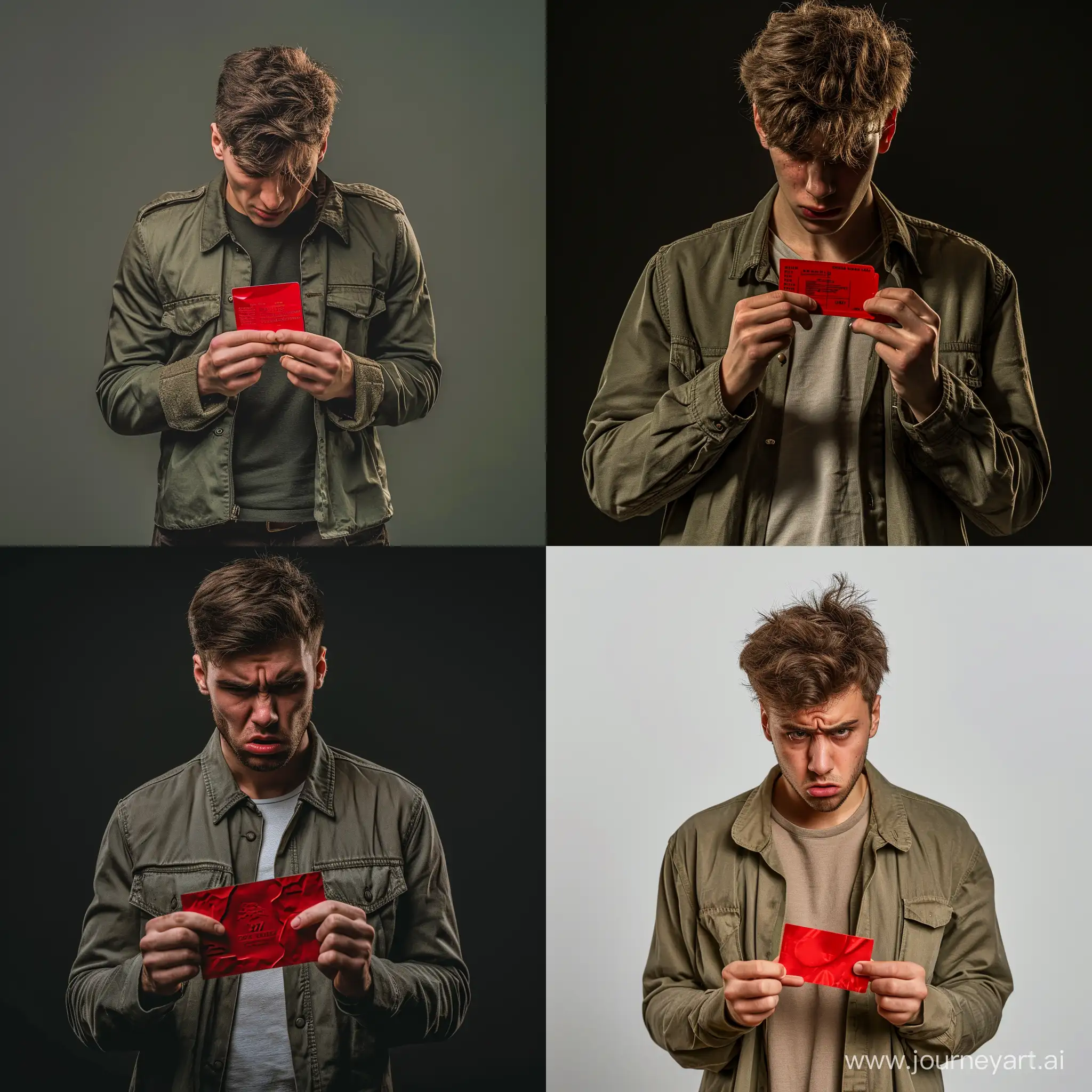 Upset guy, 21 years old. I learned that he was declared fit for military service. He feels upset about this. The guy is dressed in casual clothes and holds a red military ID in his hands. Make the picture realistic, in good quality.