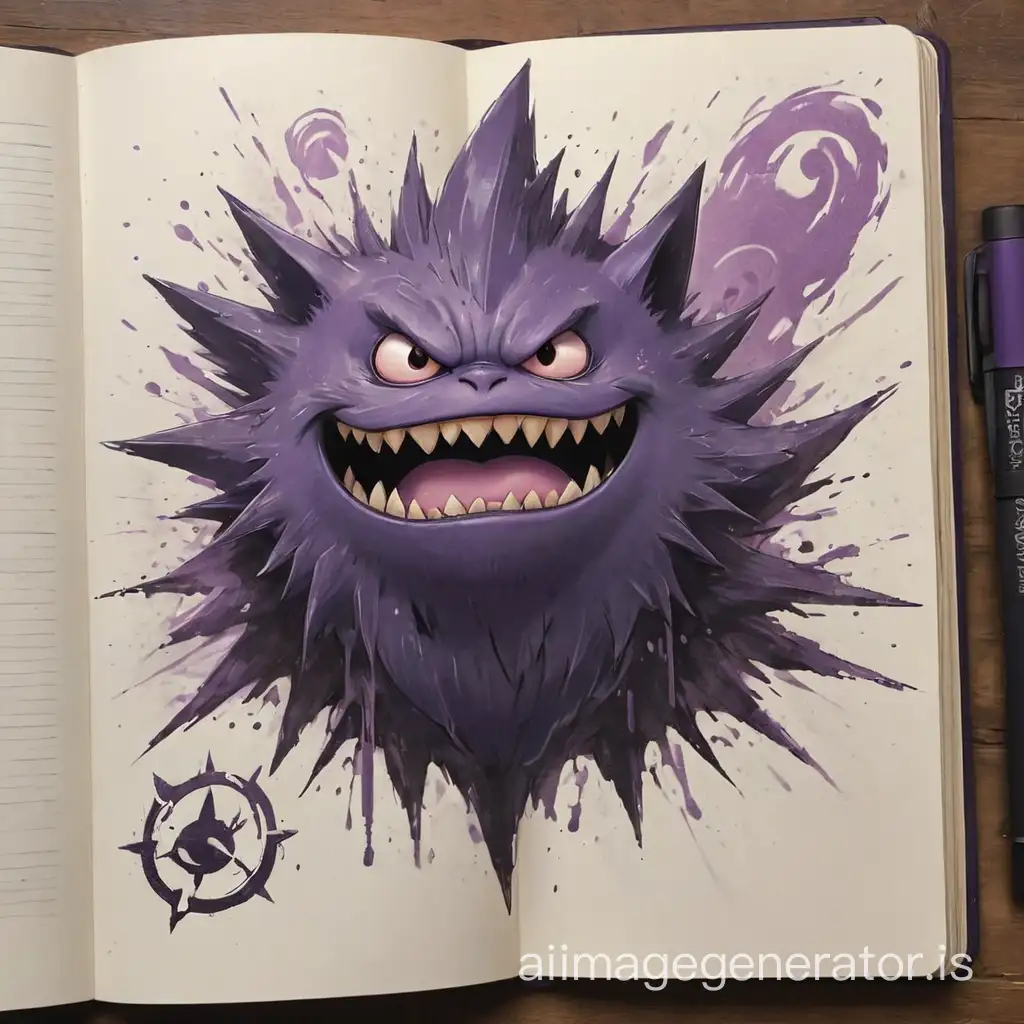 Sketchbook Style, Sketch book, hand drawn, dark, gritty, realistic sketch, Rough sketch, mix of bold dark lines and loose lines, bold lines, on paper, turnaround character sheet, monochrome ghost pokemon gengar and haunter and ghastly,  Full purple body, arcane symbols, runes, dark theme, Perfect composition golden ratio, masterpiece, best quality, 4k, sharp focus. Better hand, perfect anatomy, purple