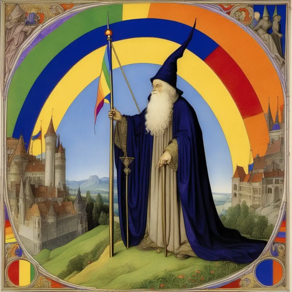 limbourg brothers painting depicting a wizard with the rainbow flag and the trans flag in the background