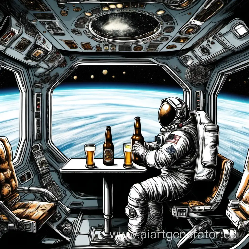 космонавт сидит за стол и пьет пиво смотрит в большое окно корабля