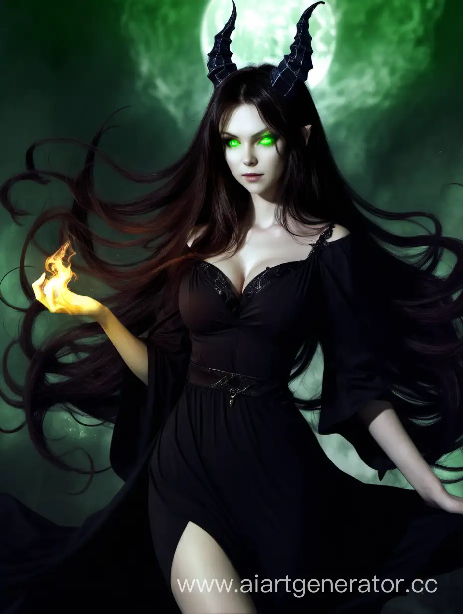 Demoness, witch, magic, girl, long hair, dark hair, brown hair, green eyes, dark dress, black dress