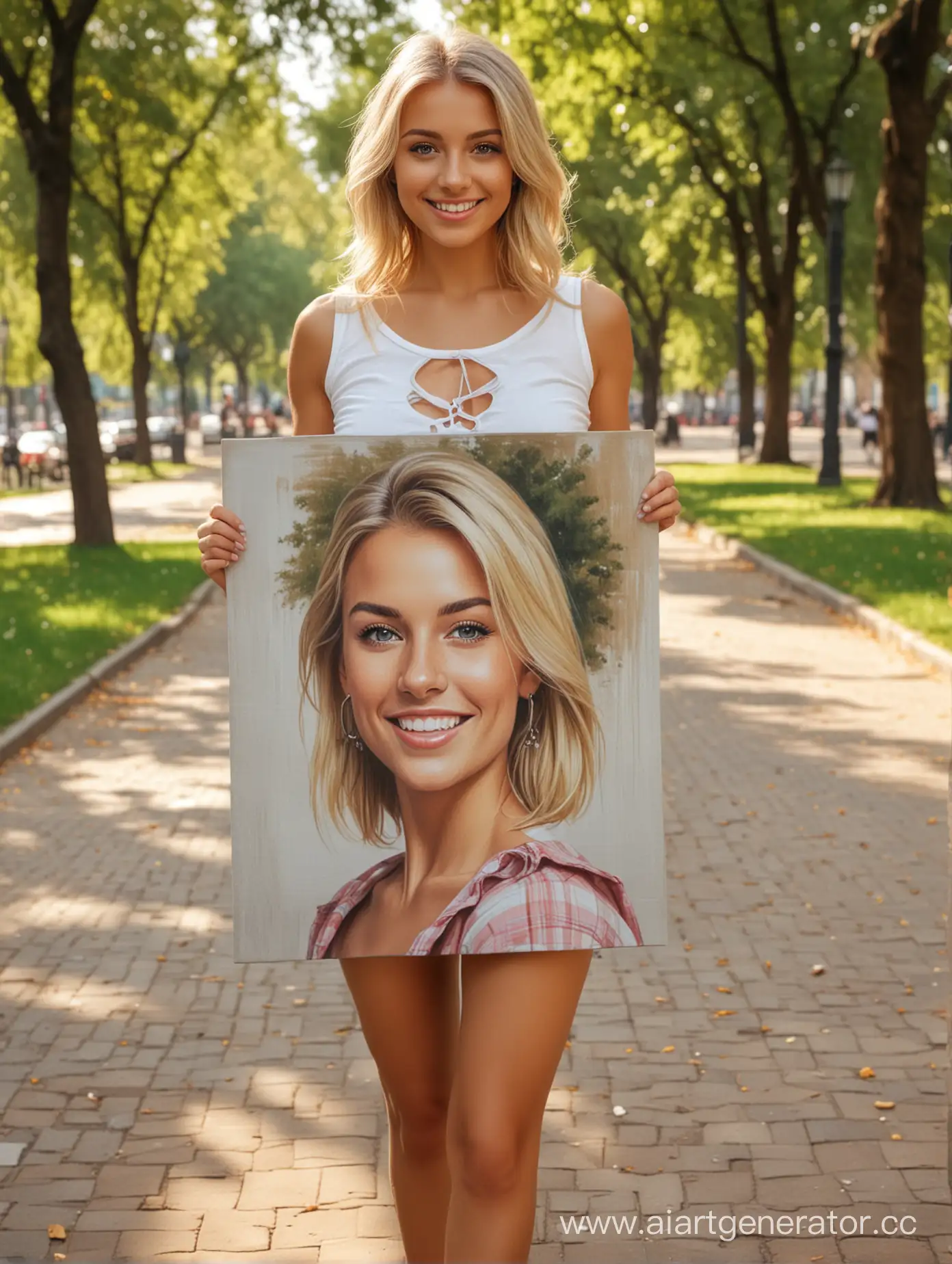A happy, beautiful tanned blonde in a skirt holds a portrait on canvas in her hands. Full-length. realistic. High definition. The exact drawing of the hands. High quality. on the street in the park