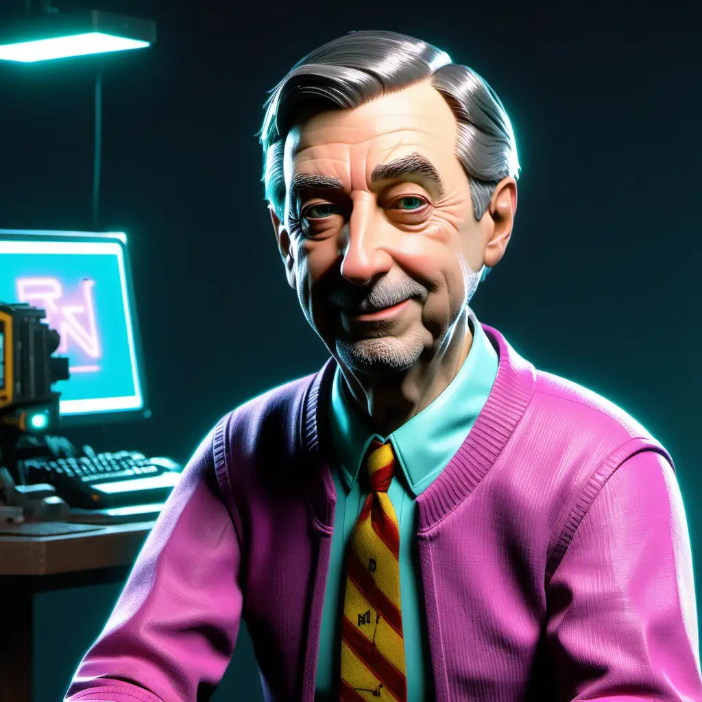 Mr. Rogers as a cyberpunk 2077 fixer
