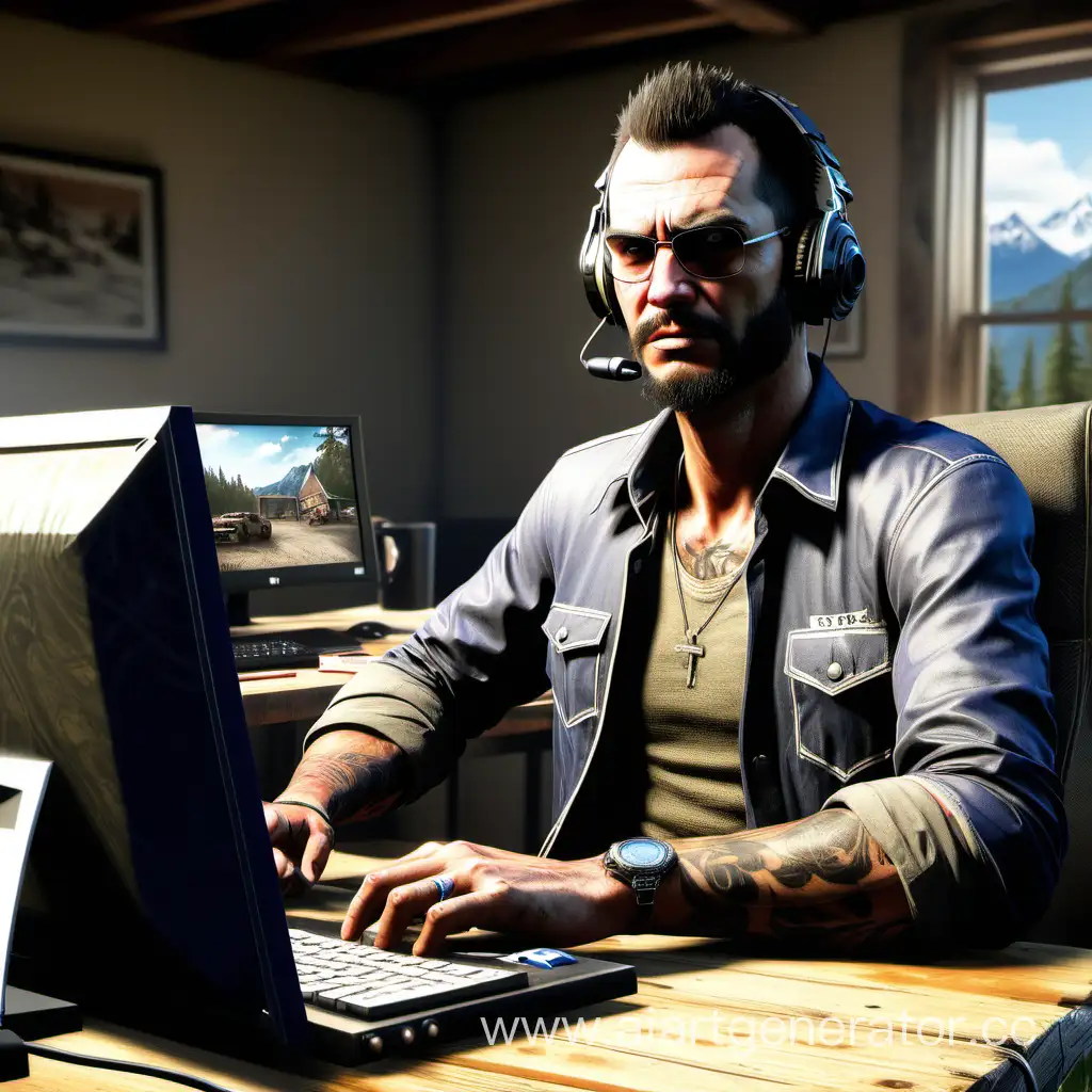 Нарисуй среднестатистического игрока в , сидящего за компьютерным столом в жизни и играющего в Far cry 5
