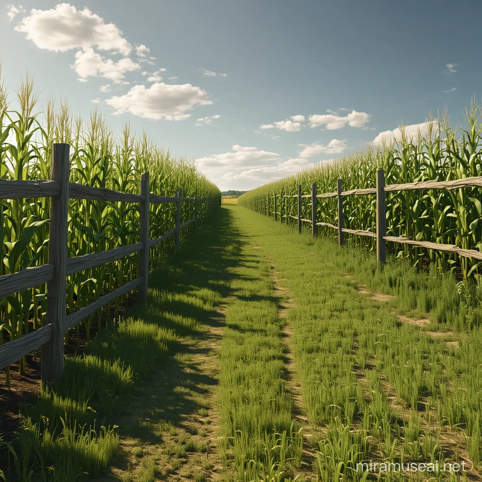 Vibrant Corn Field Landscape with Wooden Fence in 4K HD Photorealistic Nature Scene