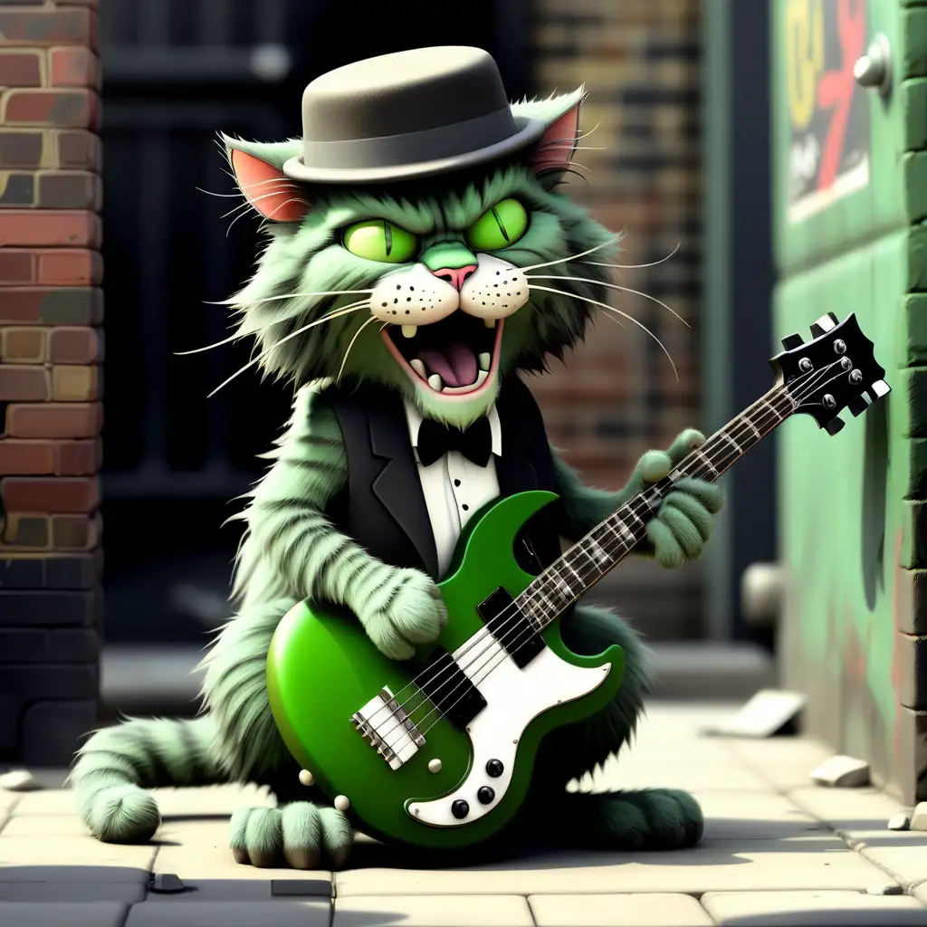 dirty alley cat, playing a green Gibson SG bass, dishevelled with 5 o'clock shadow and wearing a bowler hat 