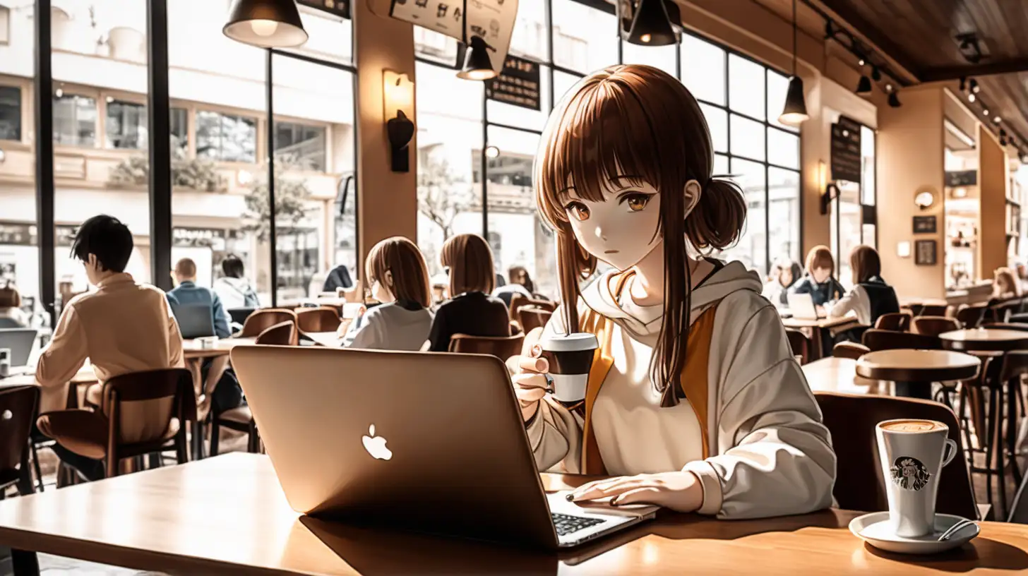 Anime girl in cafe busy cafe drinking coffee doing work on a laptop
