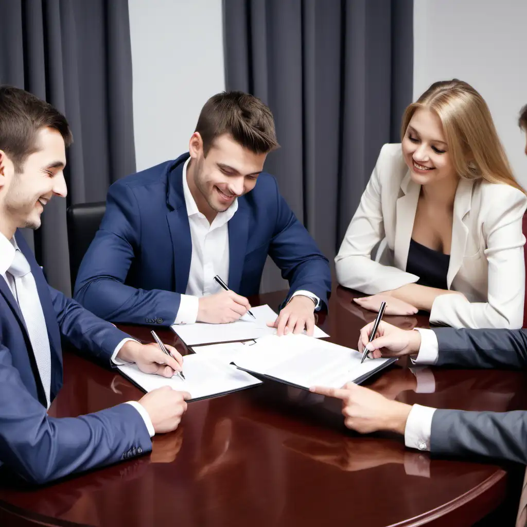 Contract Signing Meeting with Handshakes and Smiles