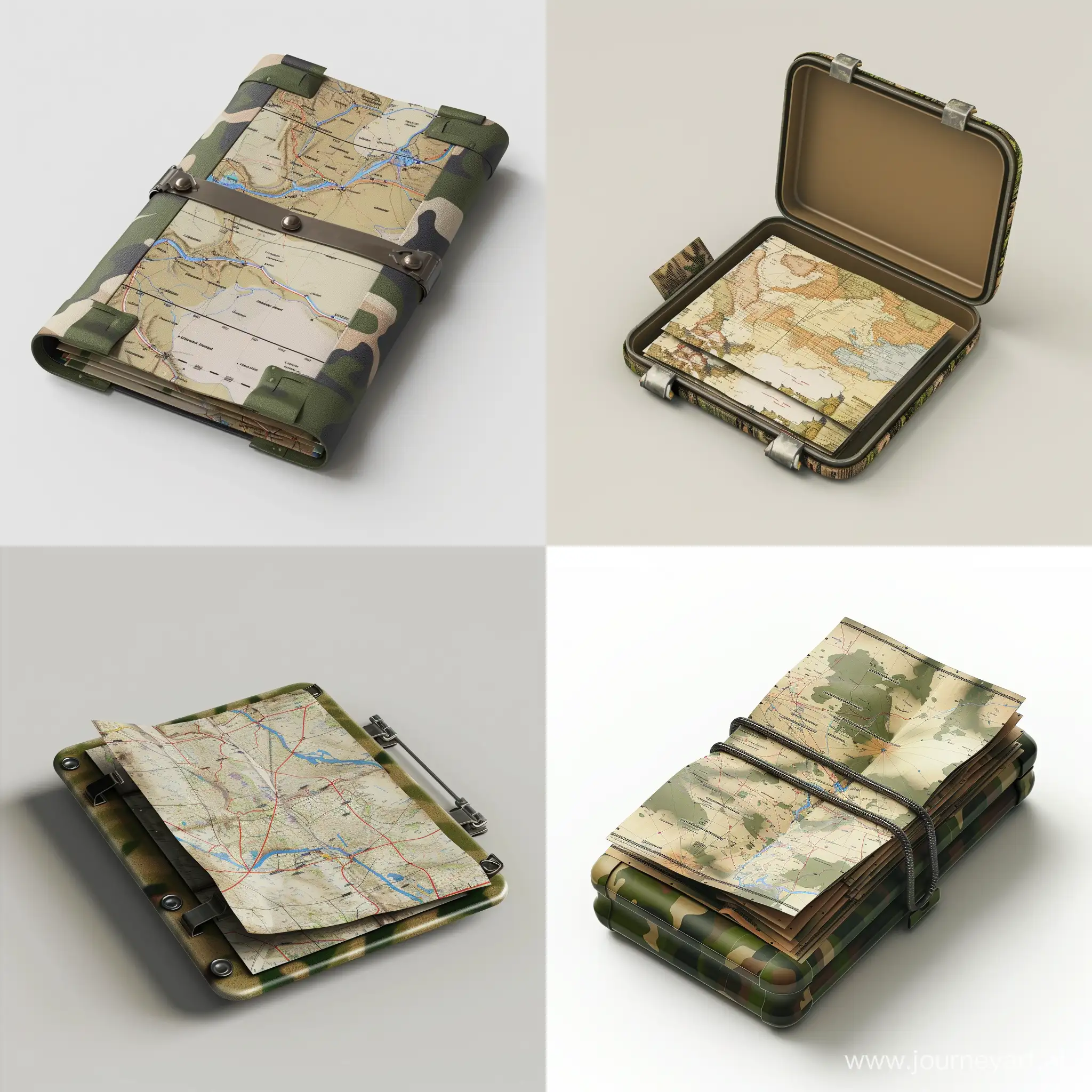 isometric military mapping cartographic kit folded paper in small thin mini long opened camo metal folder, 3d render, no background