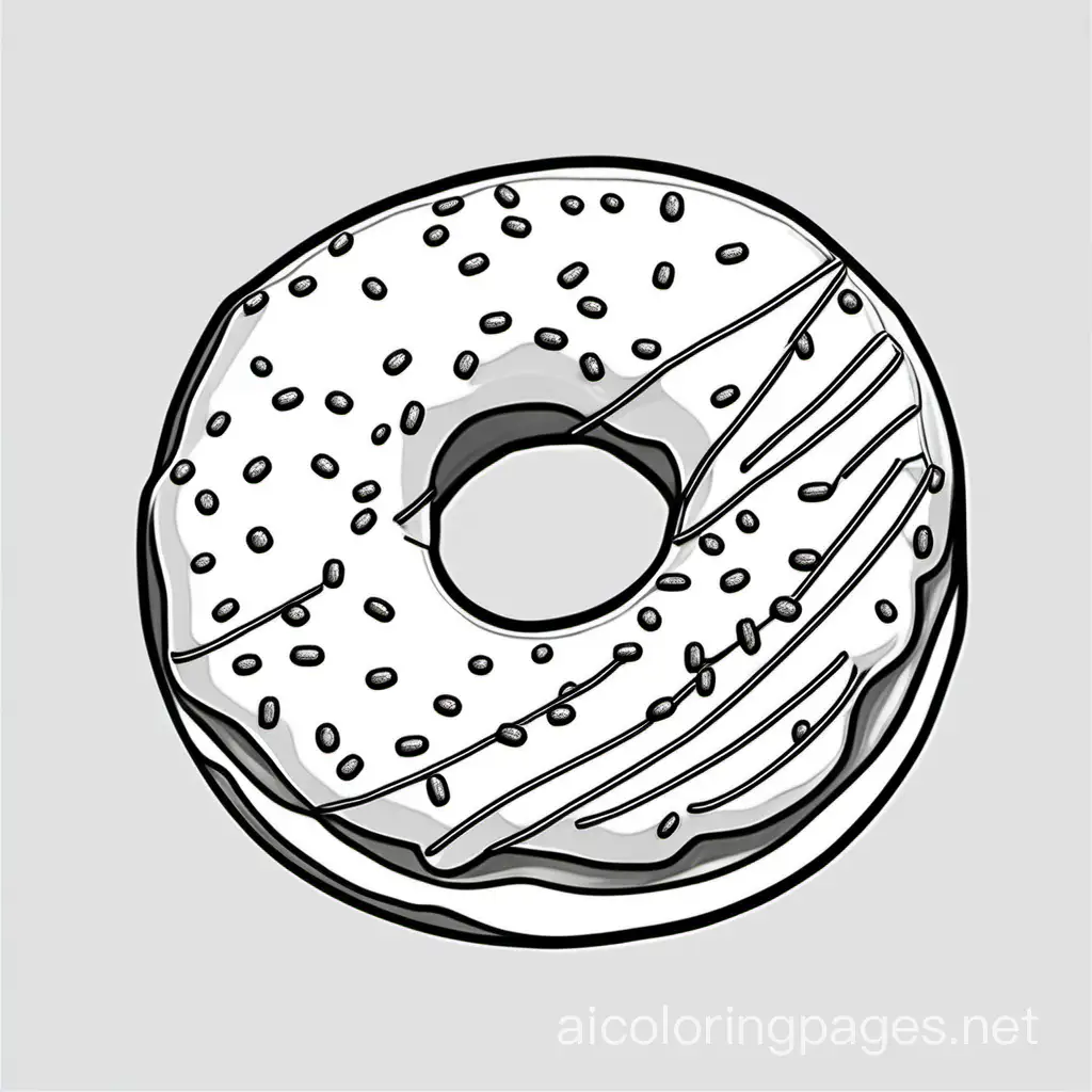 Donut, Coloring Page, black and white, line art, white background, Simplicity, Ample White Space. The background of the coloring page is plain white to make it easy for young children to color within the lines. The outlines of all the subjects are easy to distinguish, making it simple for kids to color without too much difficulty