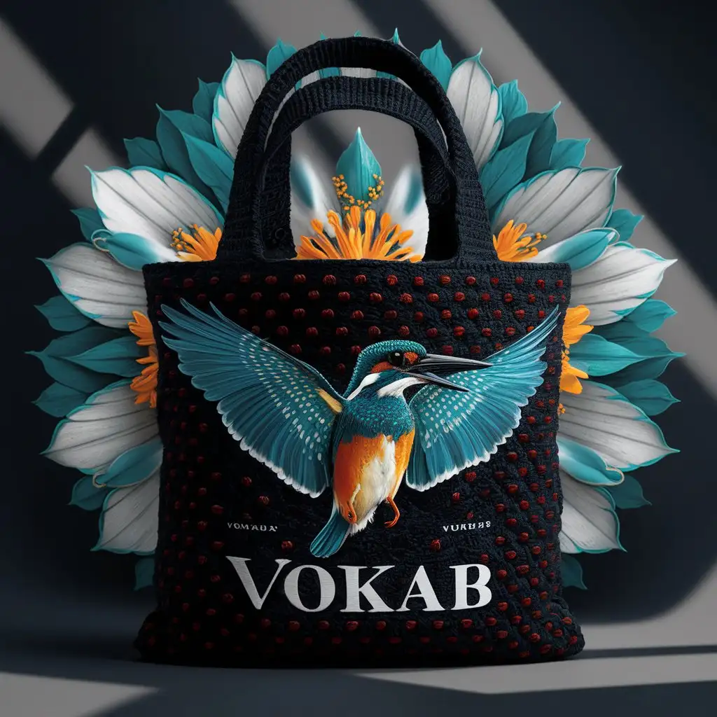 VOKAB Black Knitted Tote Bag with Cyan and Orange Kingfisher Crochet Pattern